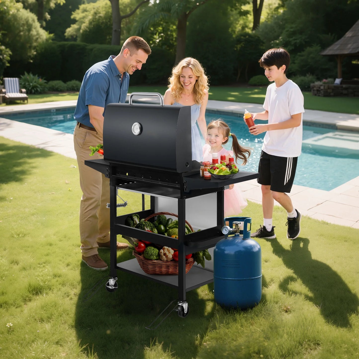4-Burner Propane Gas Grill with Brush, 40,000BTU Outdoor BBQ Grill, Stainless Steel Camping Stove with Foldable Table, Hanging Basket, Support Legs