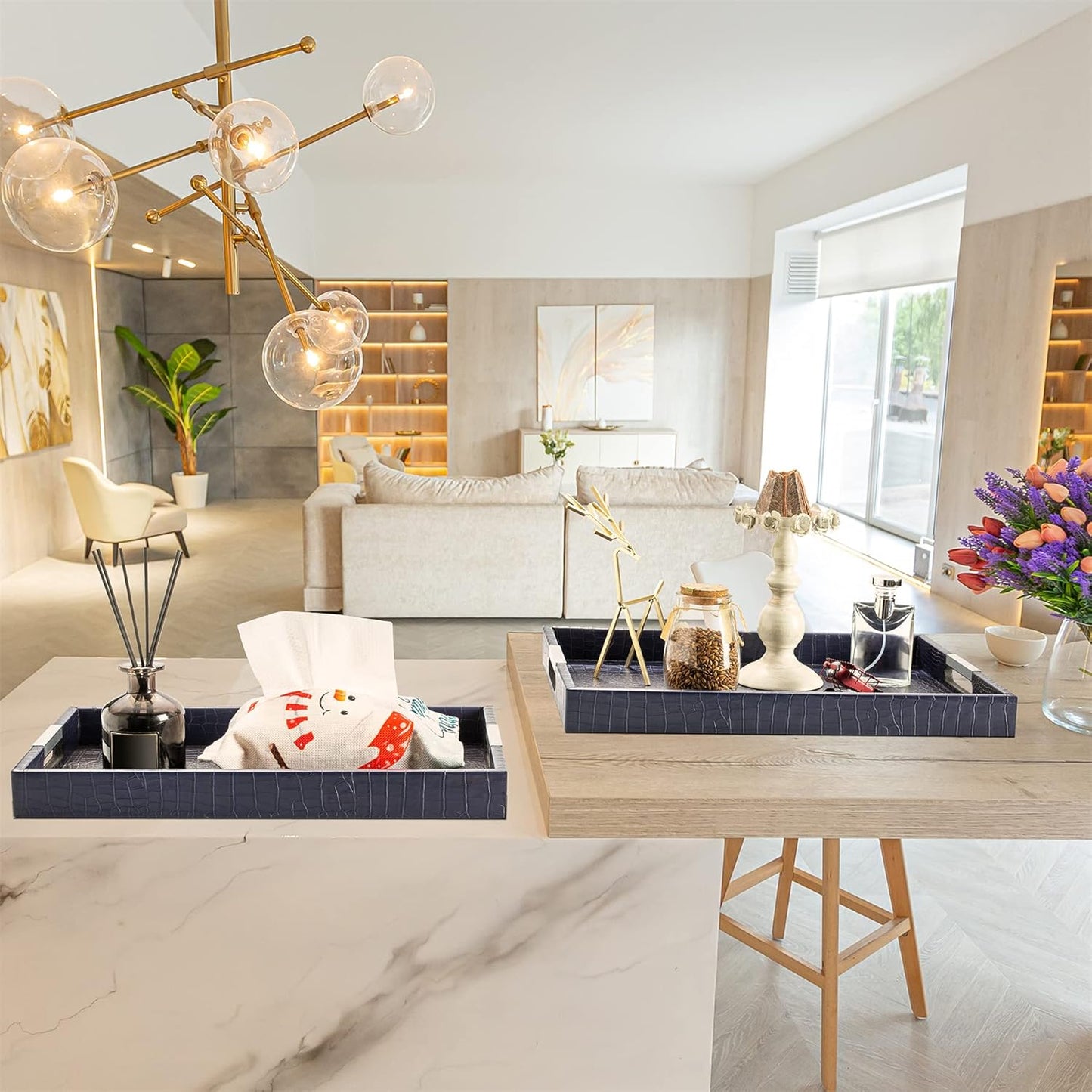 Set of 3 Serving Tray with Metal Handles, Rectangular Decorative Coffee Table Tray, Faux Leather Vanity Perfume Tray, Ottoman Tray for Food, Coffee, Breakfast, Dessert, Jewelry (Silver)