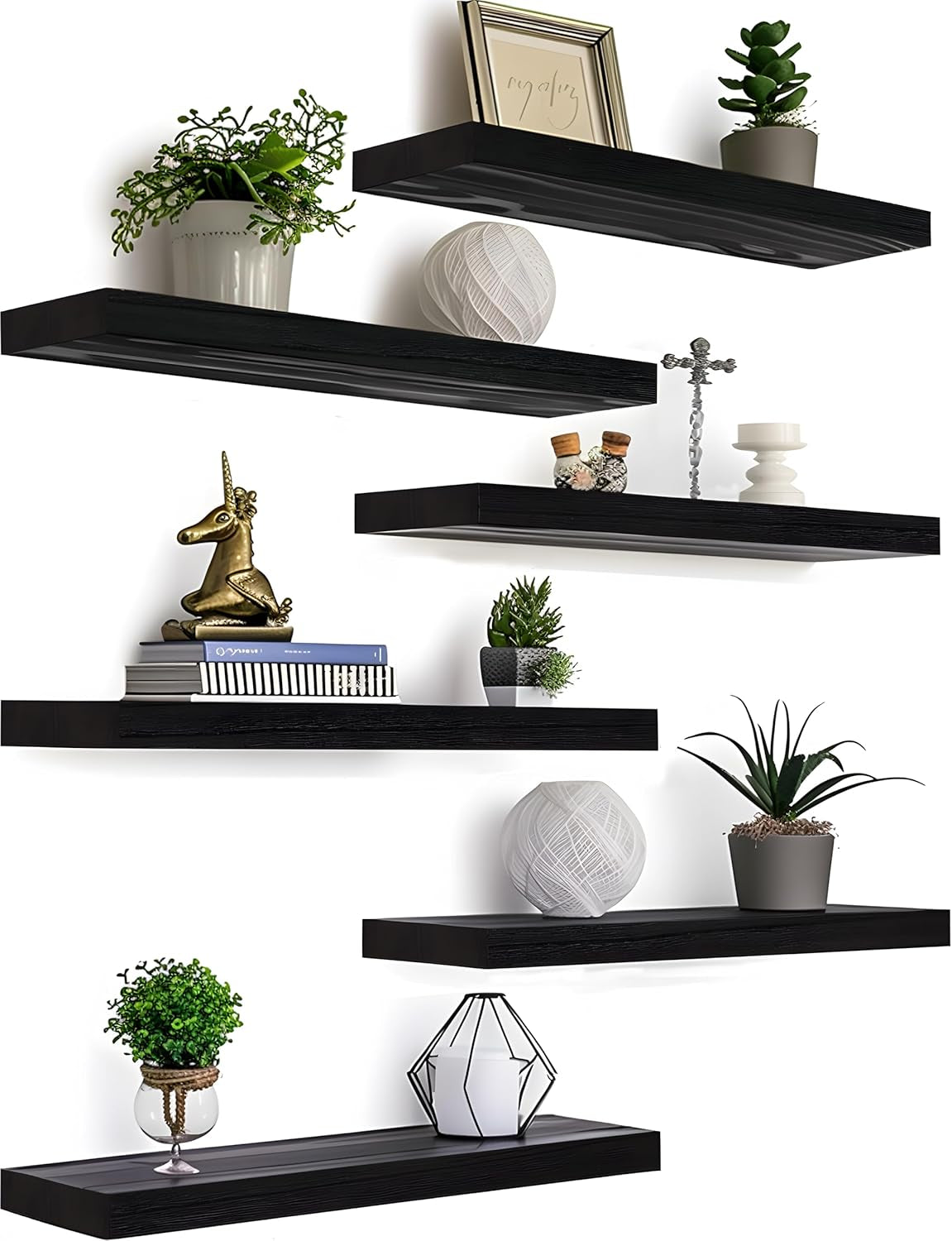 Black Wood Floating Shelves for Wall Rustic Wall Shelves for Bedroom Set of 6