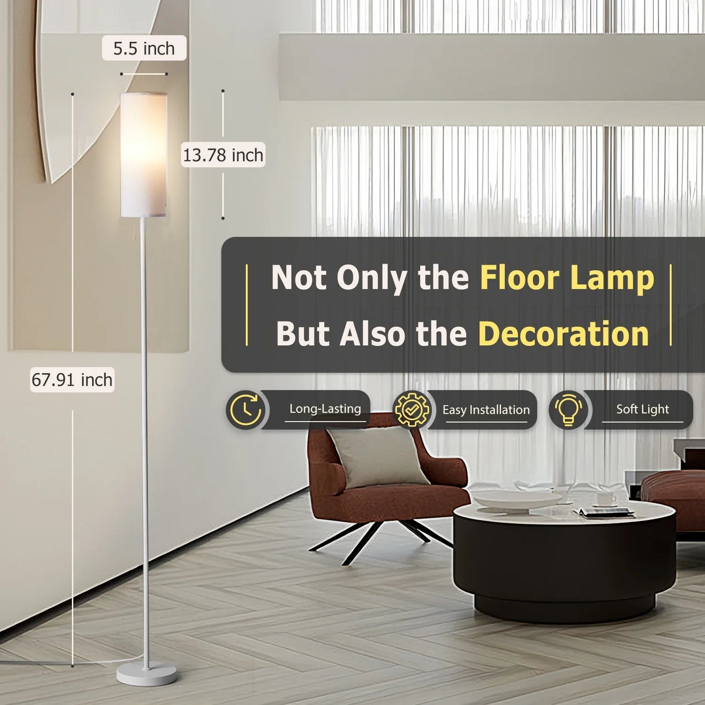 Floor Lamp, White Modern Standing Lamp with Foot Switch Line Shade, 68 Inches Reading Pole Lamp for Living Room Bedroom Office