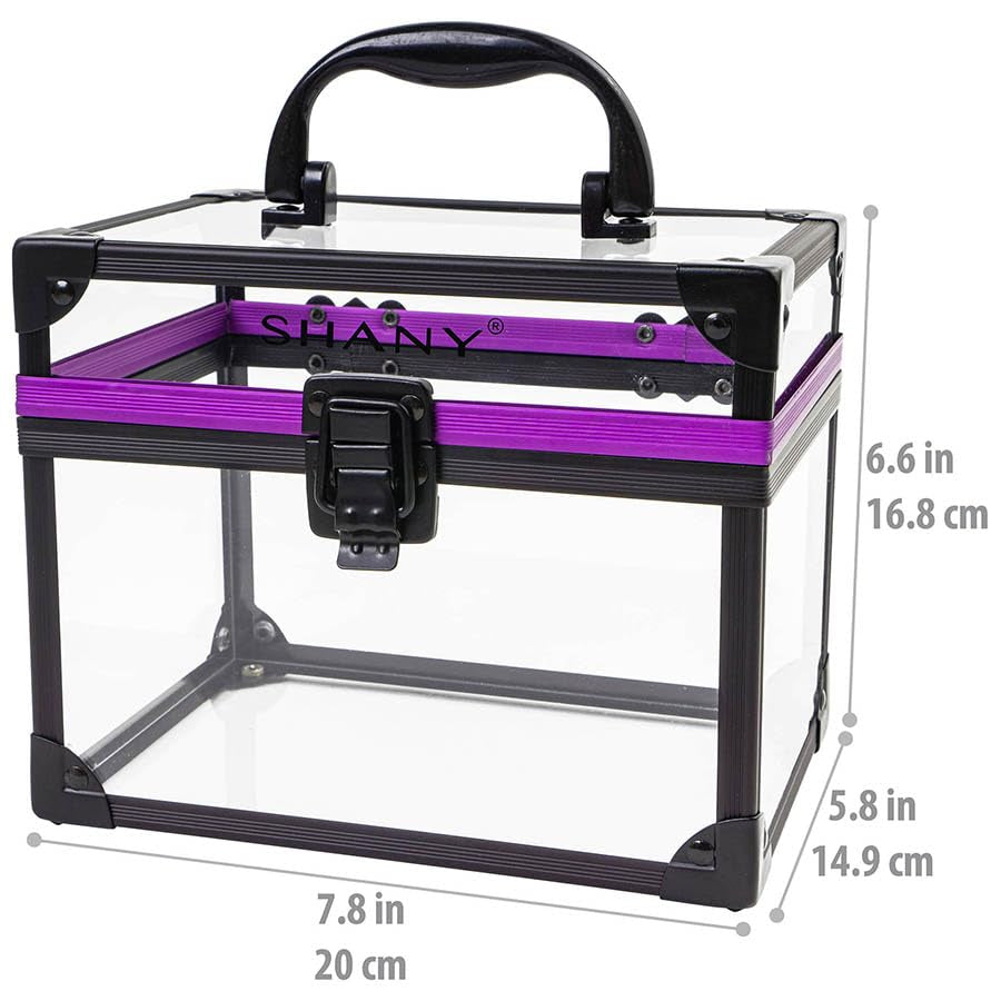 SHANY Clear Cosmetics and Toiletry Train Case - Clear Travel Makeup Bag Case Organizer with Secure Closure and Black/Purple Accents - Large