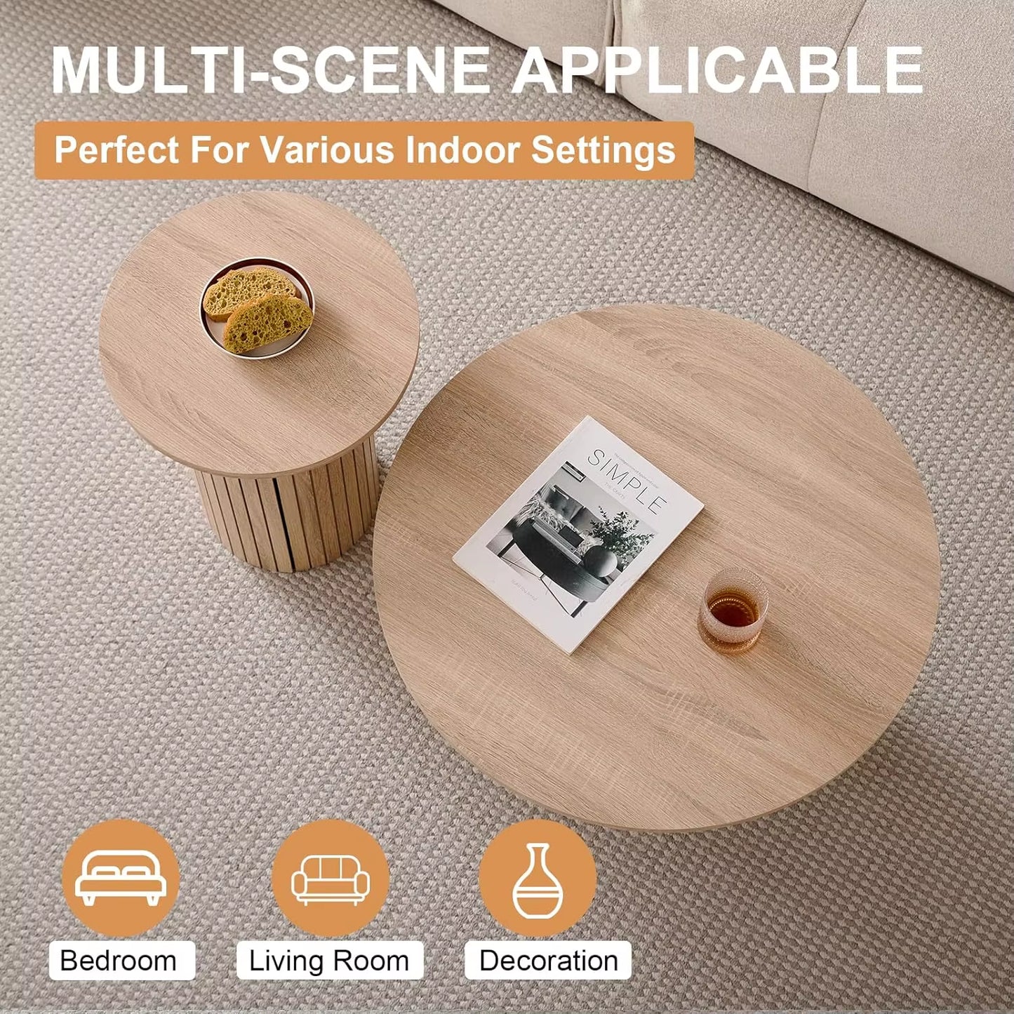 Round Nesting Coffee Tables Set of 2 -Φ27.6 Large Short + Φ15.8 Small Tall Boho Circle Side Tables with Fluted Drum Design