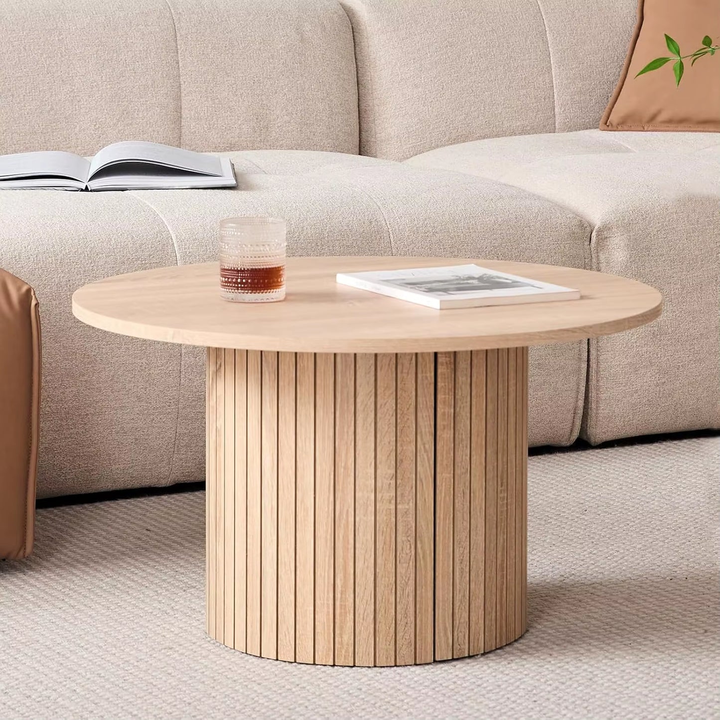 Round Nesting Coffee Tables Set of 2 -Φ27.6 Large Short + Φ15.8 Small Tall Boho Circle Side Tables with Fluted Drum Design