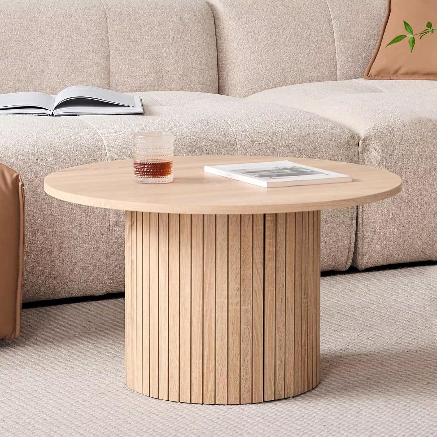 Round Nesting Coffee Tables Set of 2 -Φ27.6 Large Short + Φ15.8 Small Tall Boho Circle Side Tables with Fluted Drum Design