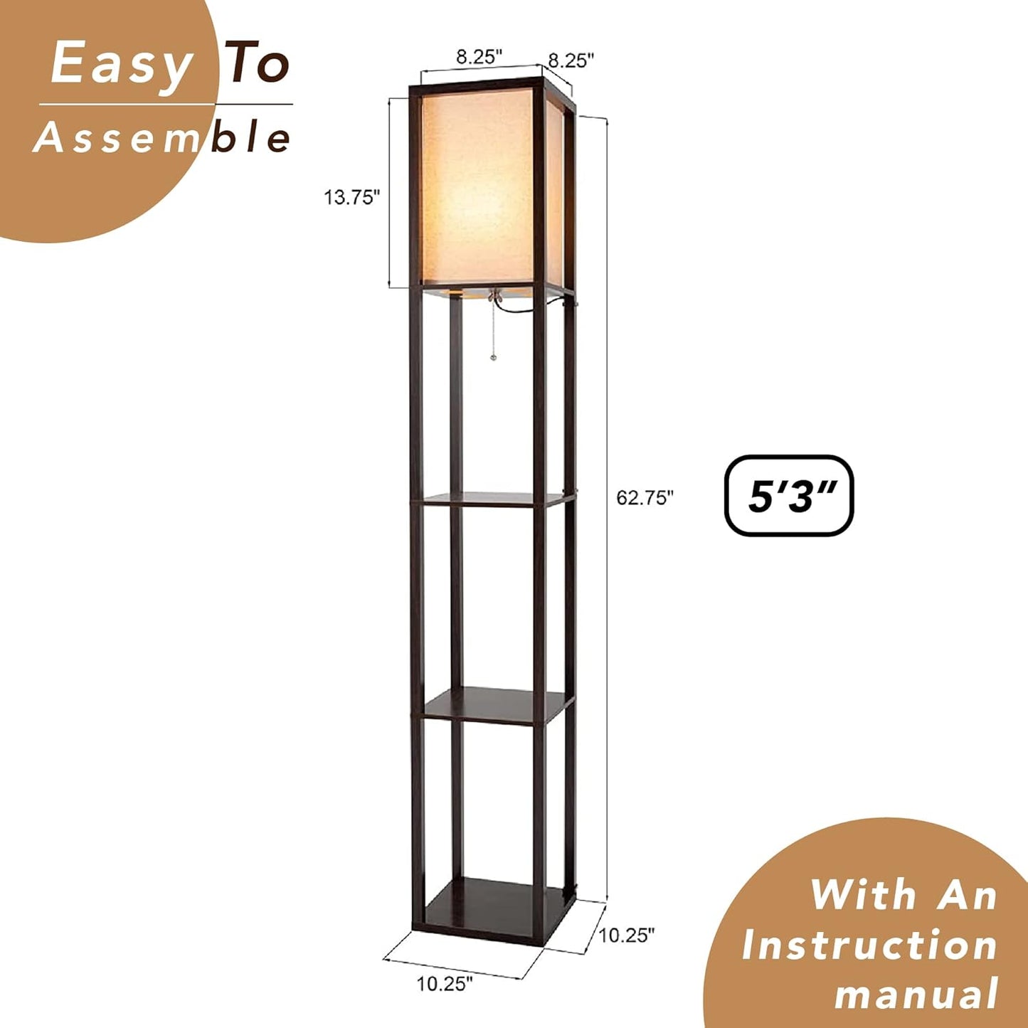 ATAMIN Avery - 63" Floor Lamp with Shelves, Modern Shelf Lamp for Bedroom and Living Room, Tall Standing Lamp with Shelves, Bedside Floor Lamp for Reading, White