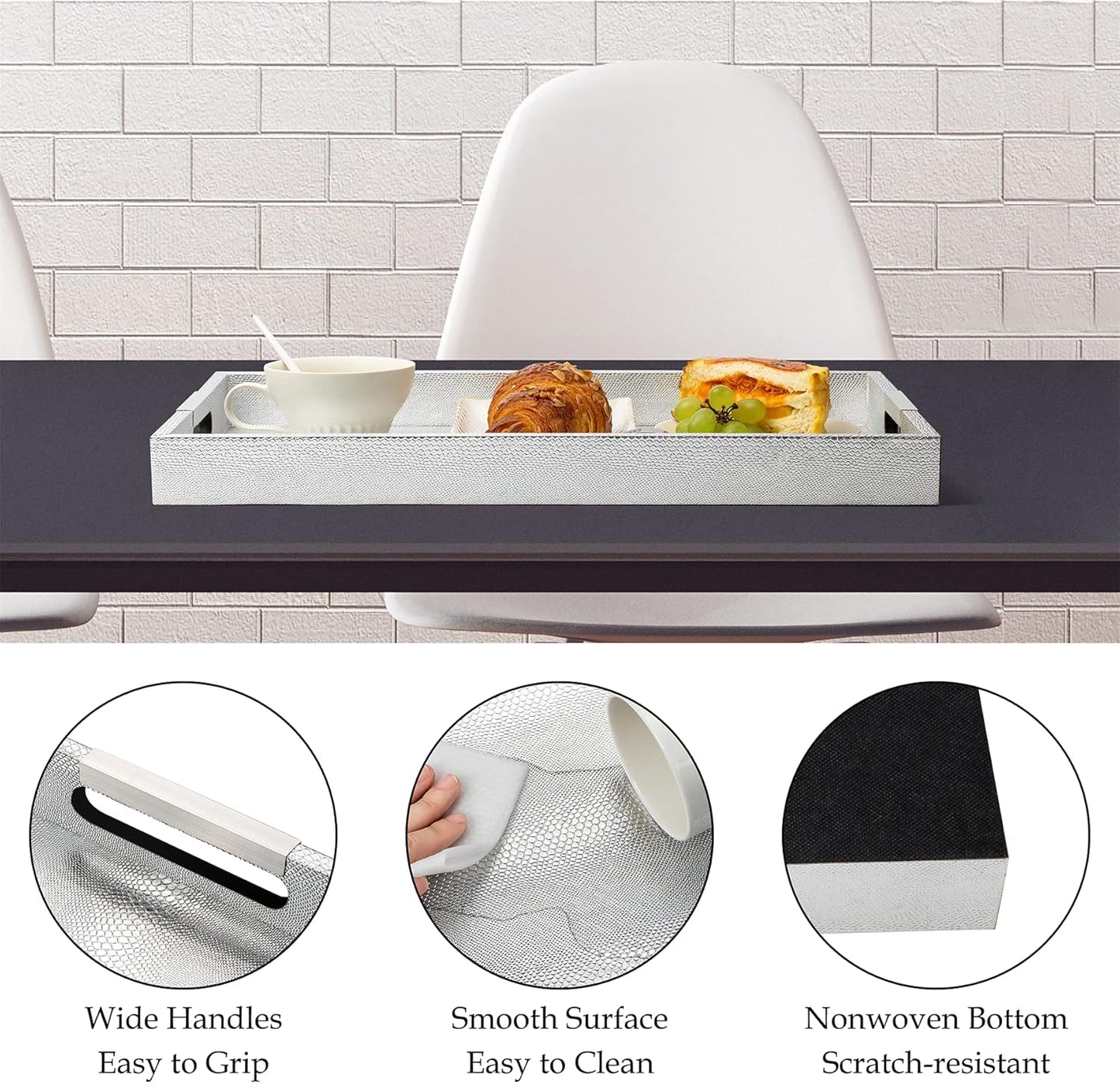 Set of 3 Serving Tray with Metal Handles, Rectangular Decorative Coffee Table Tray, Faux Leather Vanity Perfume Tray, Ottoman Tray for Food, Coffee, Breakfast, Dessert, Jewelry (Silver)