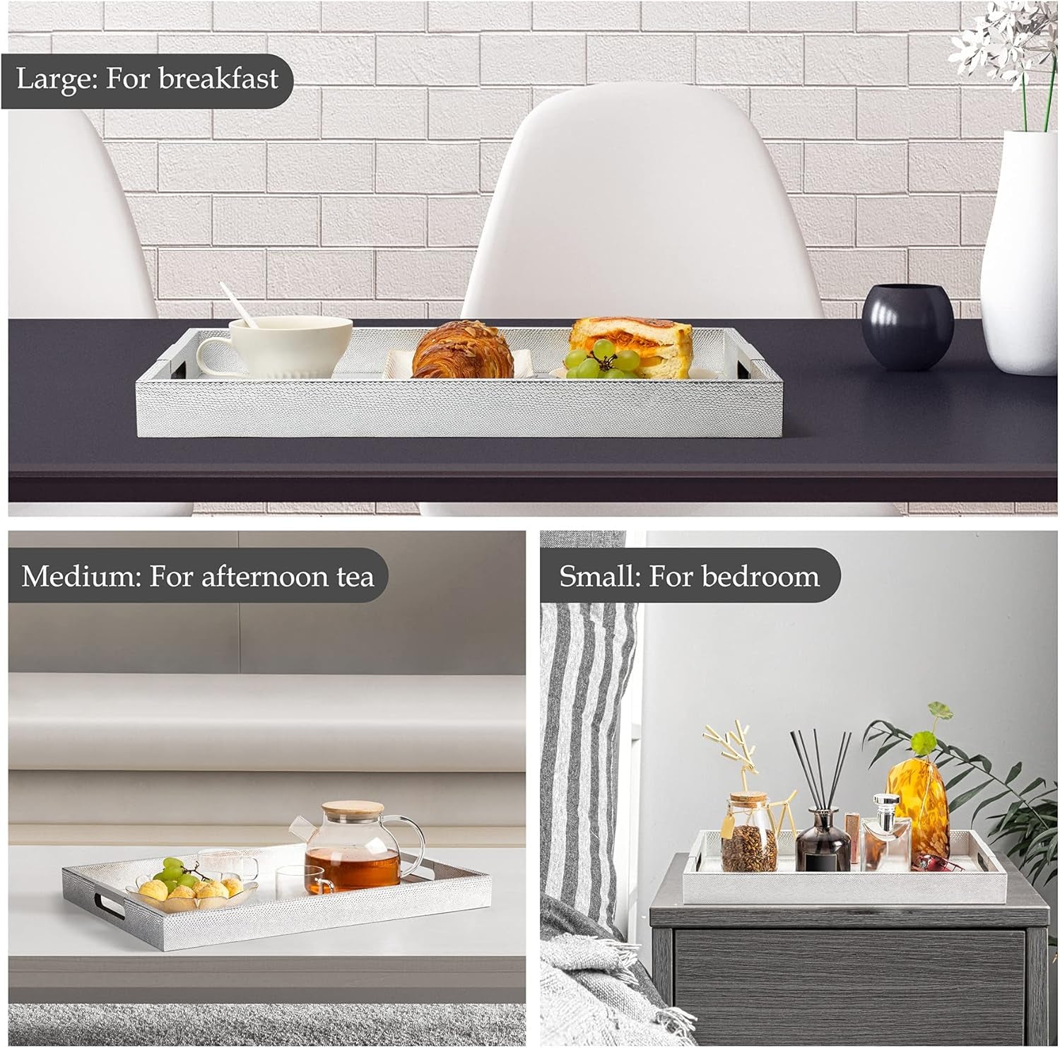 Set of 3 Serving Tray with Metal Handles, Rectangular Decorative Coffee Table Tray, Faux Leather Vanity Perfume Tray, Ottoman Tray for Food, Coffee, Breakfast, Dessert, Jewelry (Silver)