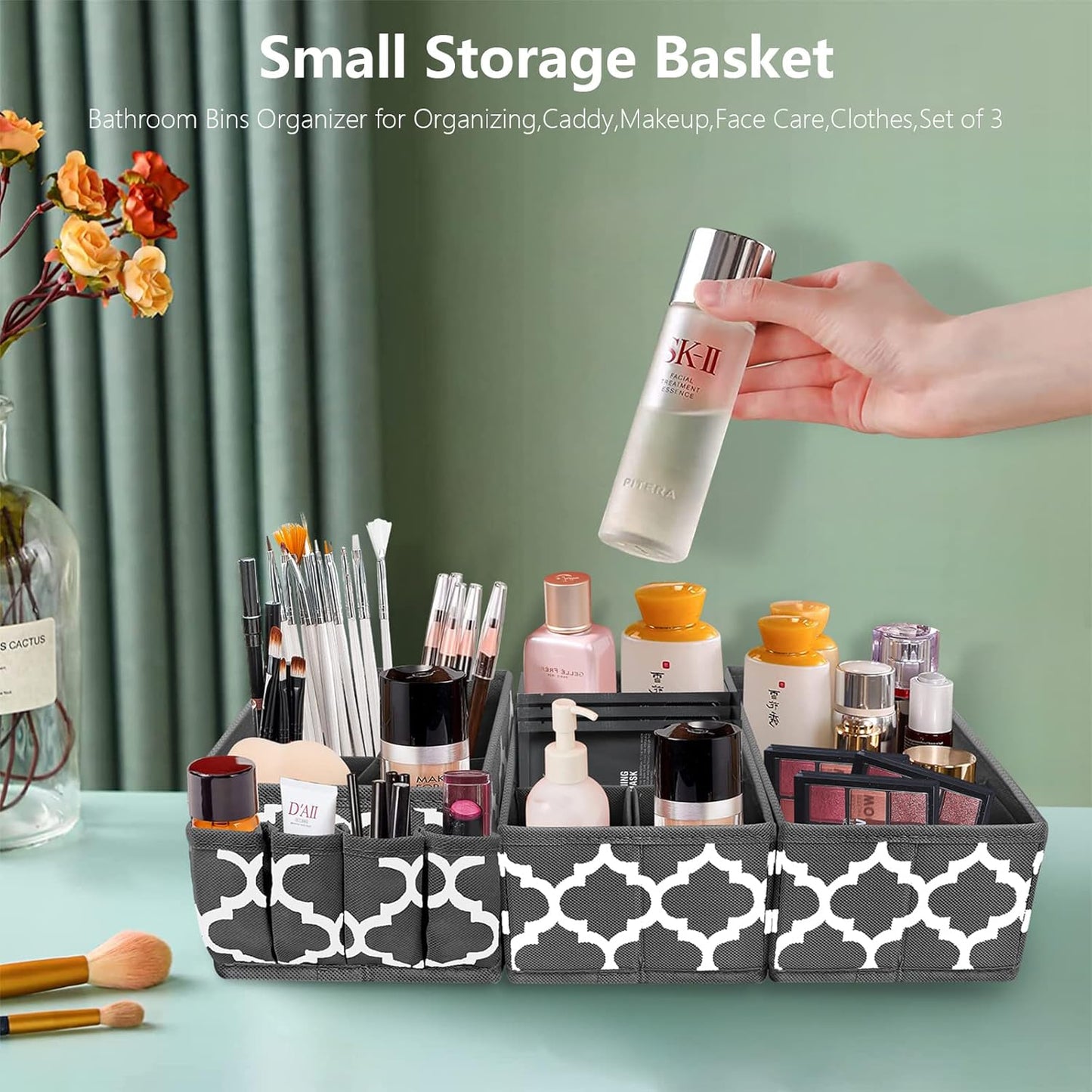 Homyfort Makeup Basket Organizer, Fabric Portable Cosmetic Storage Organizer with Divider, Foldable Small Bins for Organizing Vanity, Bathroom Counter, Office, Set of 3 Grey