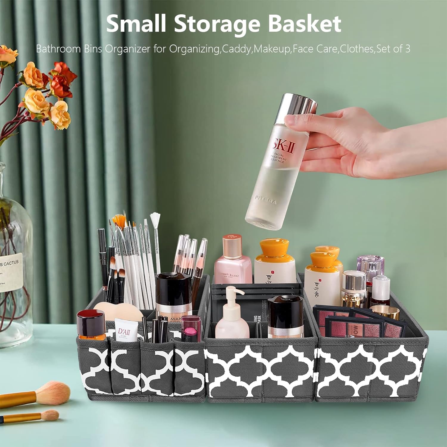 Homyfort Makeup Basket Organizer, Fabric Portable Cosmetic Storage Organizer with Divider, Foldable Small Bins for Organizing Vanity, Bathroom Counter, Office, Set of 3 Grey