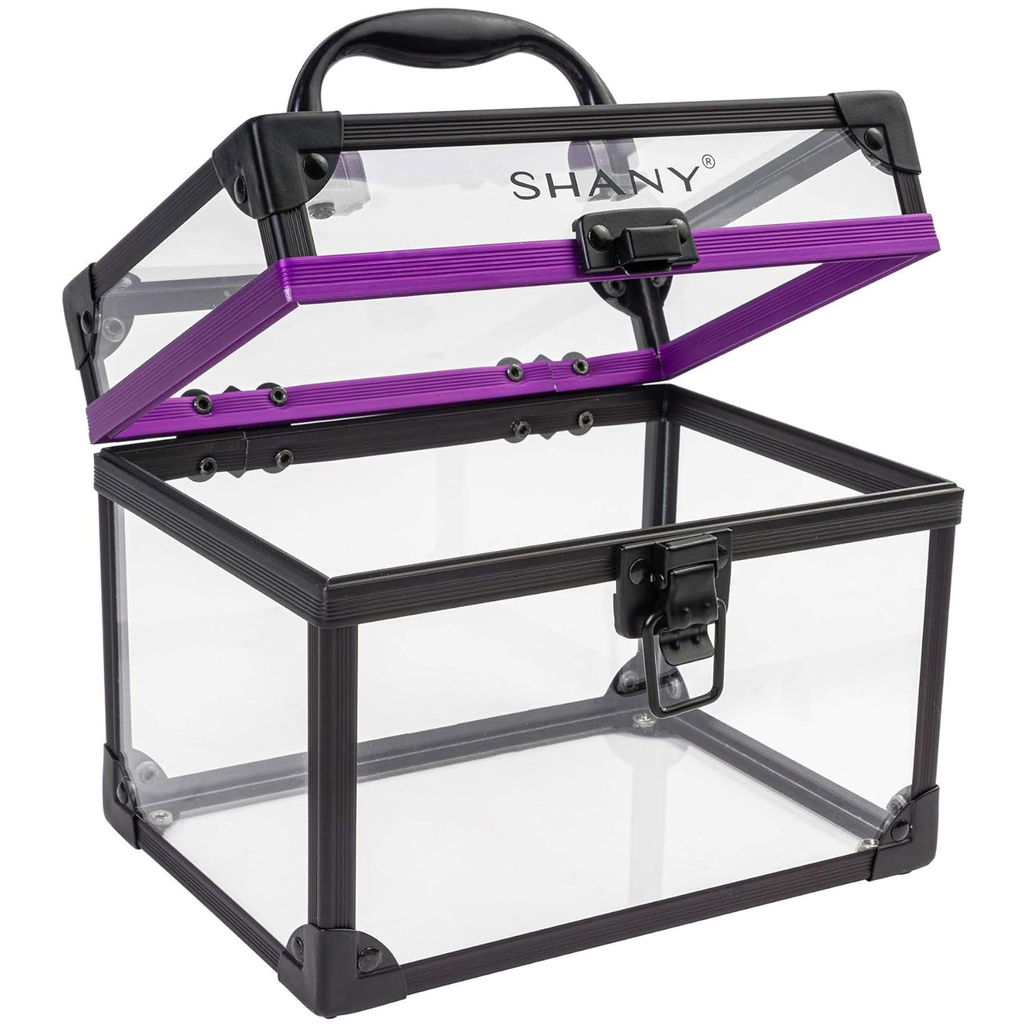 SHANY Clear Cosmetics and Toiletry Train Case - Clear Travel Makeup Bag Case Organizer with Secure Closure and Black/Purple Accents - Large