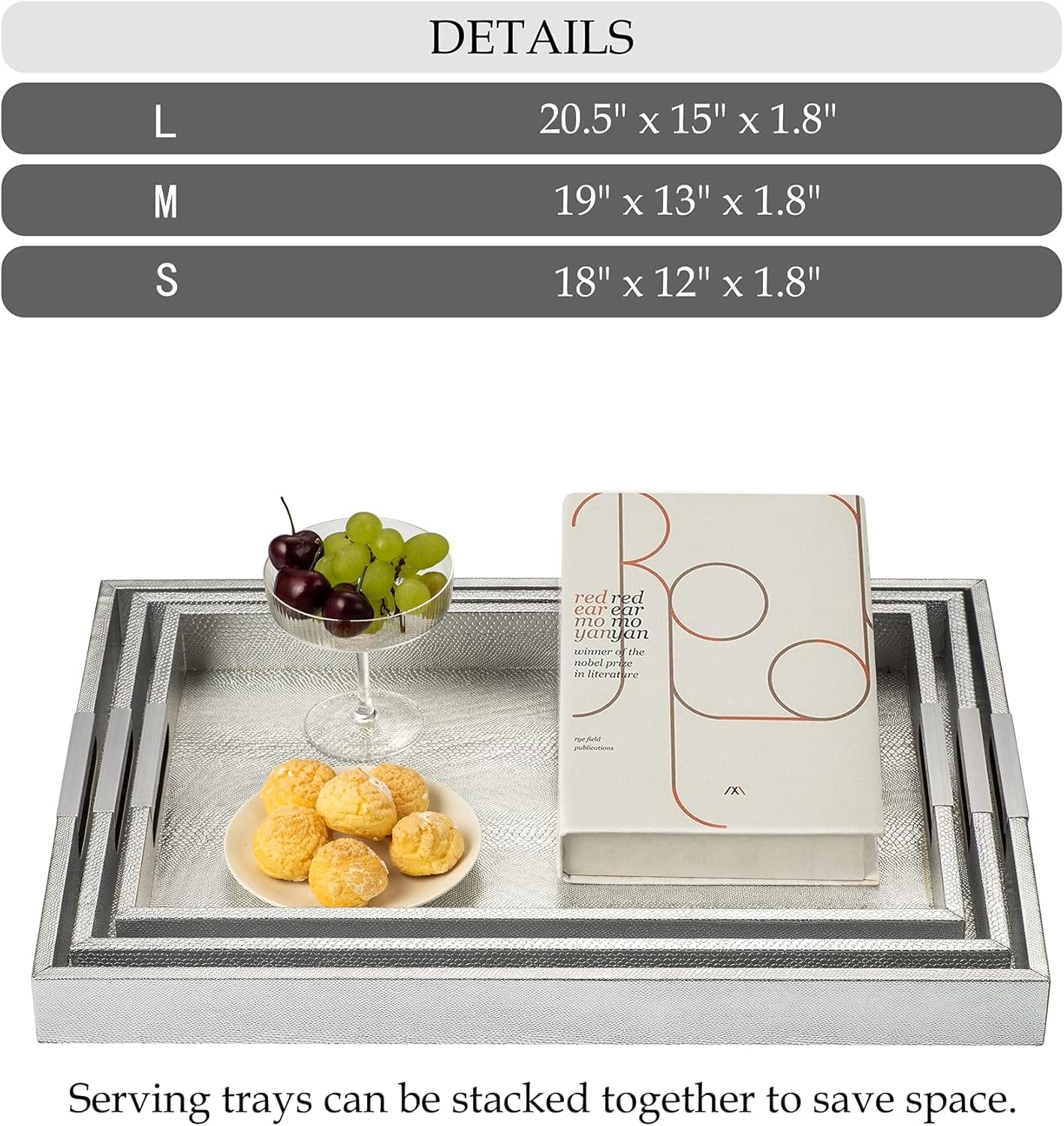 Set of 3 Serving Tray with Metal Handles, Rectangular Decorative Coffee Table Tray, Faux Leather Vanity Perfume Tray, Ottoman Tray for Food, Coffee, Breakfast, Dessert, Jewelry (Silver)