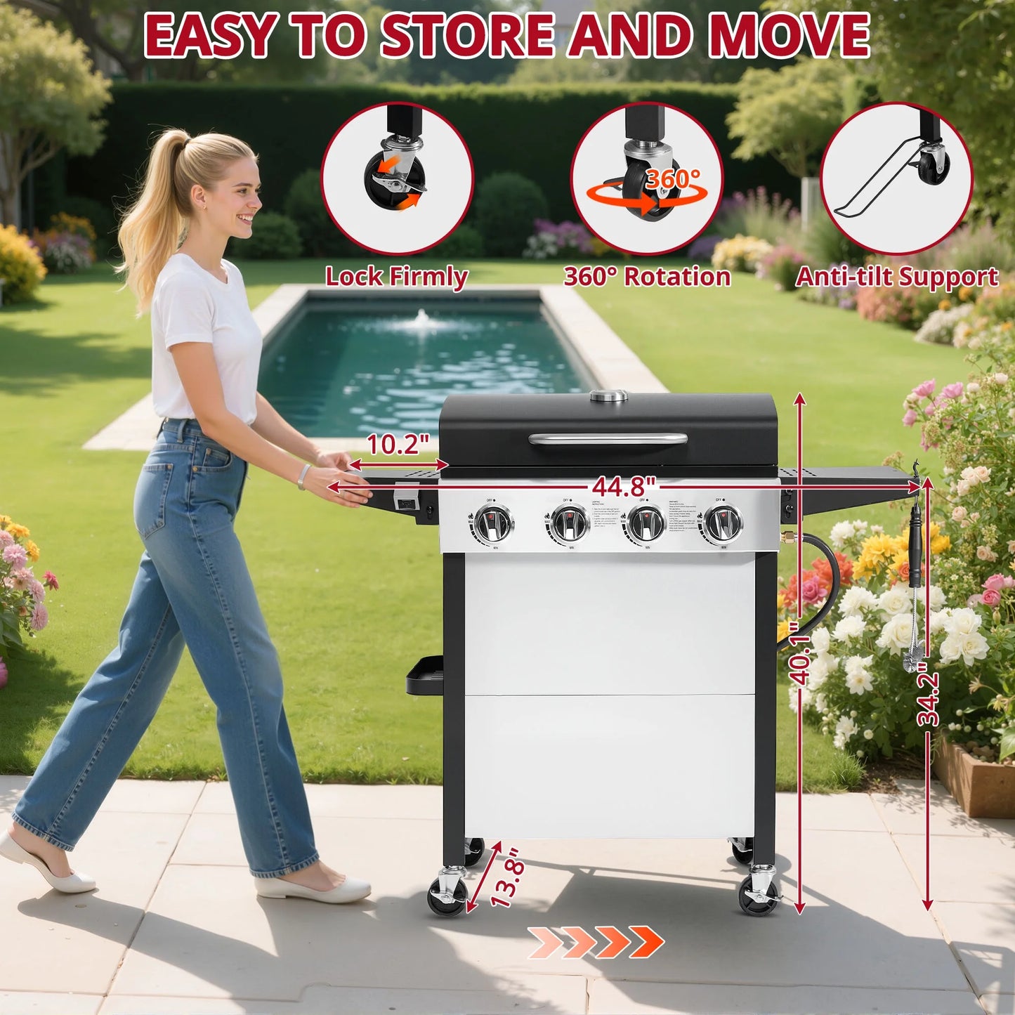 4-Burner Propane Gas Grill with Brush,  40,000BTU Outdoor BBQ Grill, Stainless Steel Camping Stove with Foldable Table, Hanging Basket, Support Legs