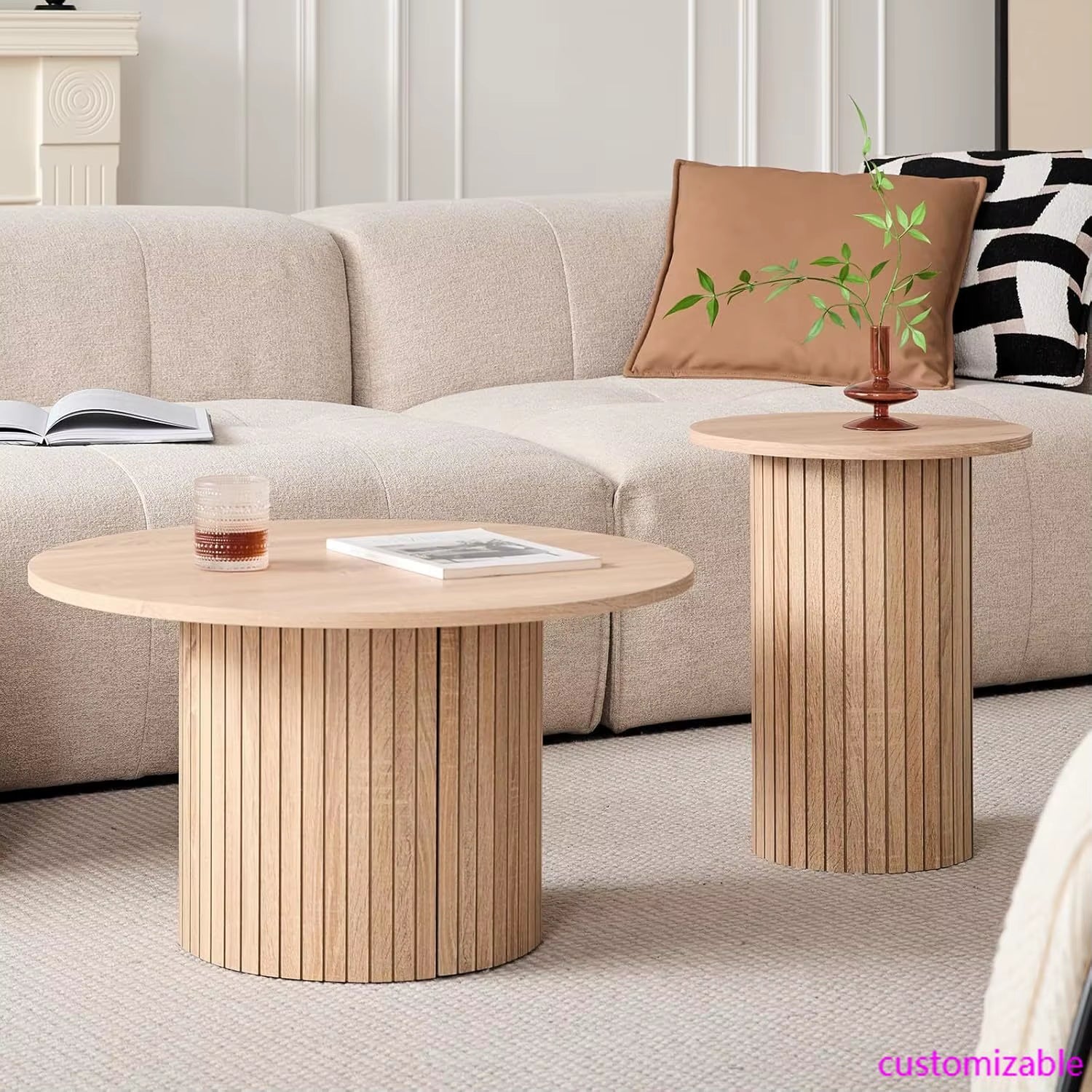 Round Nesting Coffee Tables Set of 2 -Φ27.6 Large Short + Φ15.8 Small Tall Boho Circle Side Tables with Fluted Drum Design