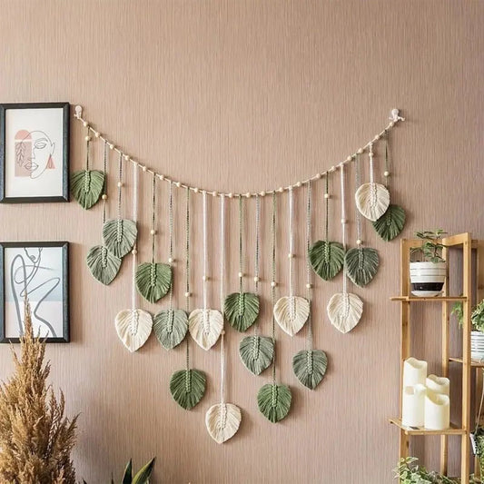 Macrame Wall Hanging,Leaves Woven Tapestry, Feather Handmade Tassels Boho Wall Decor,Leaves Art Decorations for Nursery Bedroom Living Room Apartment Home Backdrop
