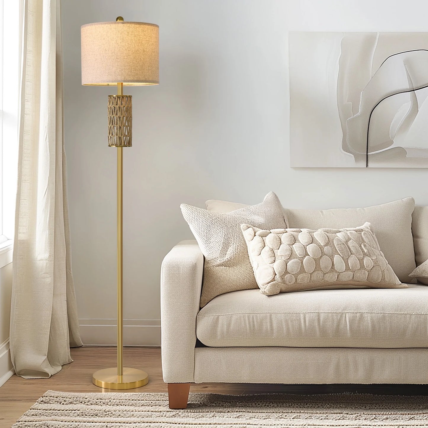 62" Farmhouse Gold Floor Lamp for Living Room with Twine Body,Retro Tall Standing Lamp for Bedroom, Office,Lighting,Decor