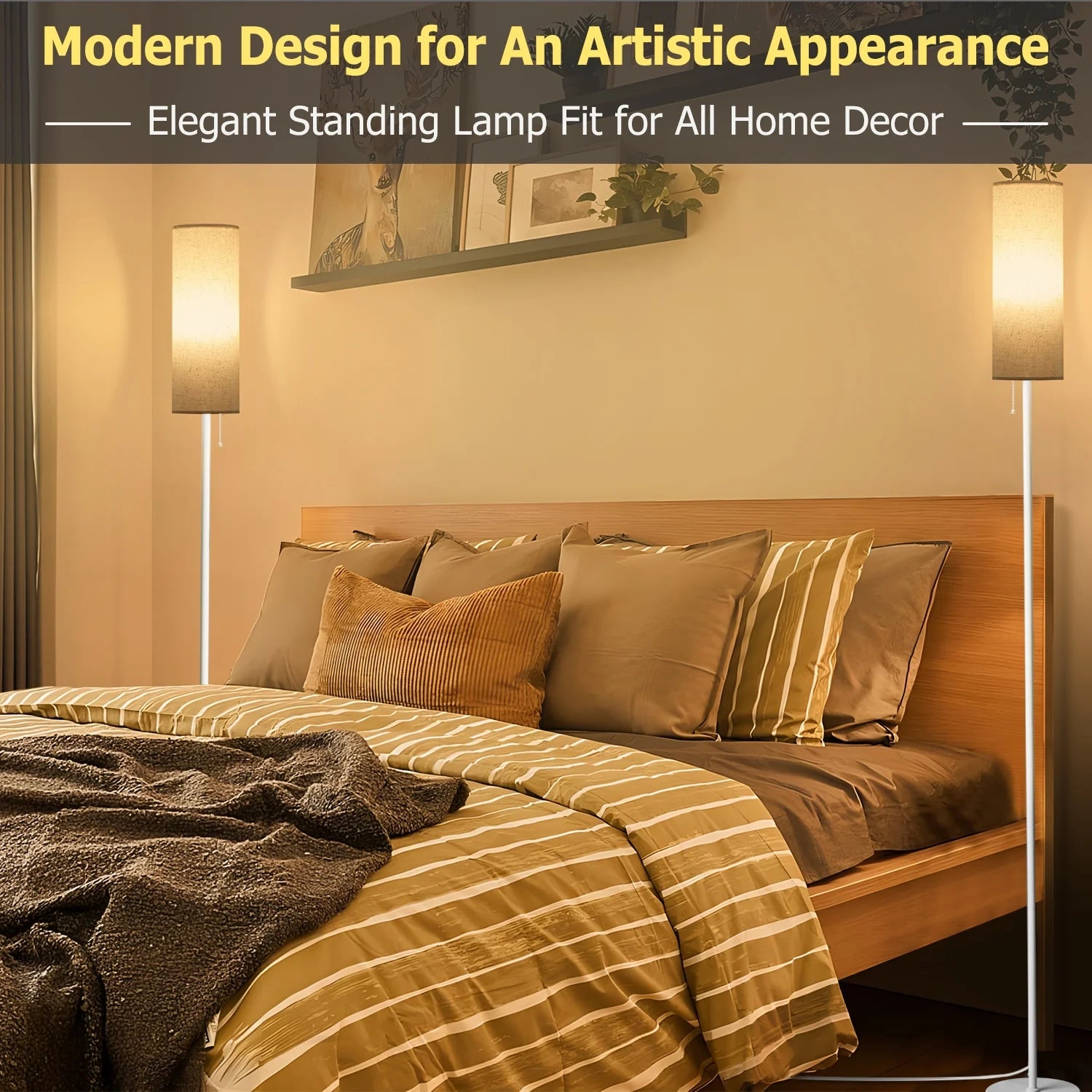 Floor Lamp, White Modern Standing Lamp with Foot Switch Line Shade, 68 Inches Reading Pole Lamp for Living Room Bedroom Office