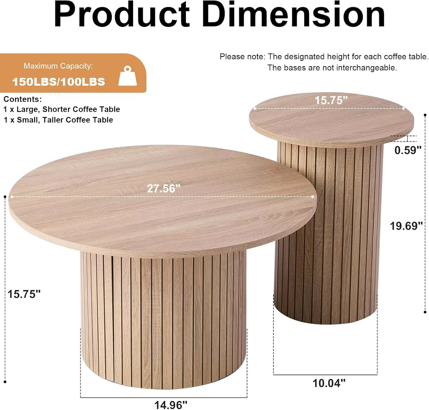 Round Nesting Coffee Tables Set of 2 -Φ27.6 Large Short + Φ15.8 Small Tall Boho Circle Side Tables with Fluted Drum Design