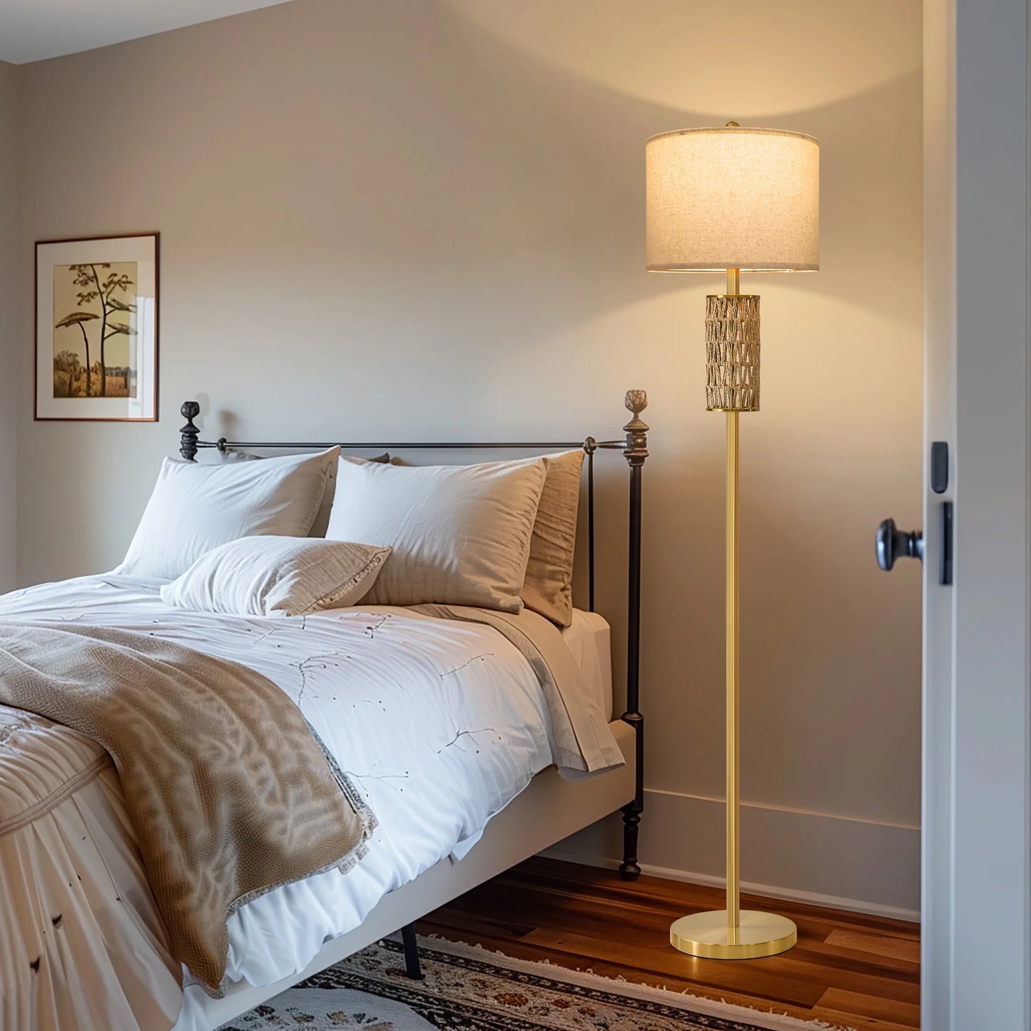 62" Farmhouse Gold Floor Lamp for Living Room with Twine Body,Retro Tall Standing Lamp for Bedroom, Office,Lighting,Decor