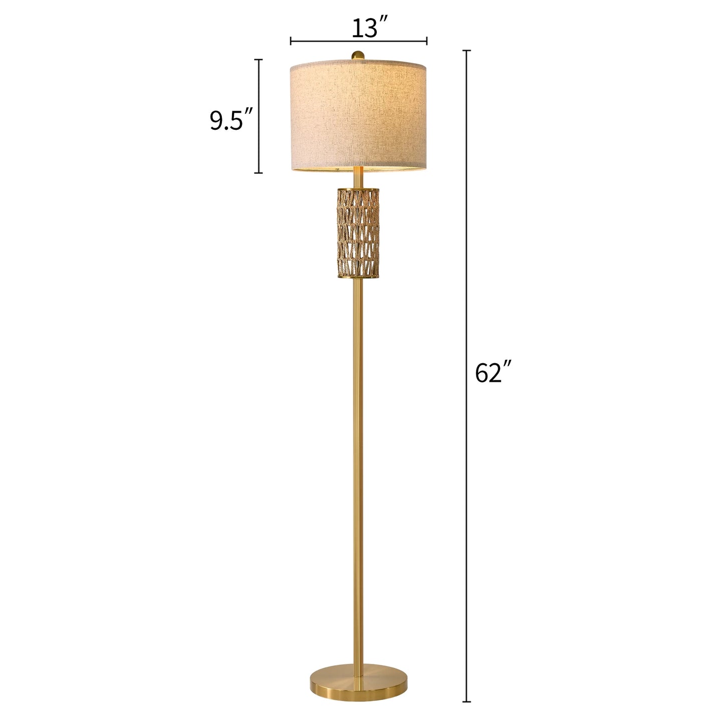 62" Farmhouse Gold Floor Lamp for Living Room with Twine Body,Retro Tall Standing Lamp for Bedroom, Office,Lighting,Decor