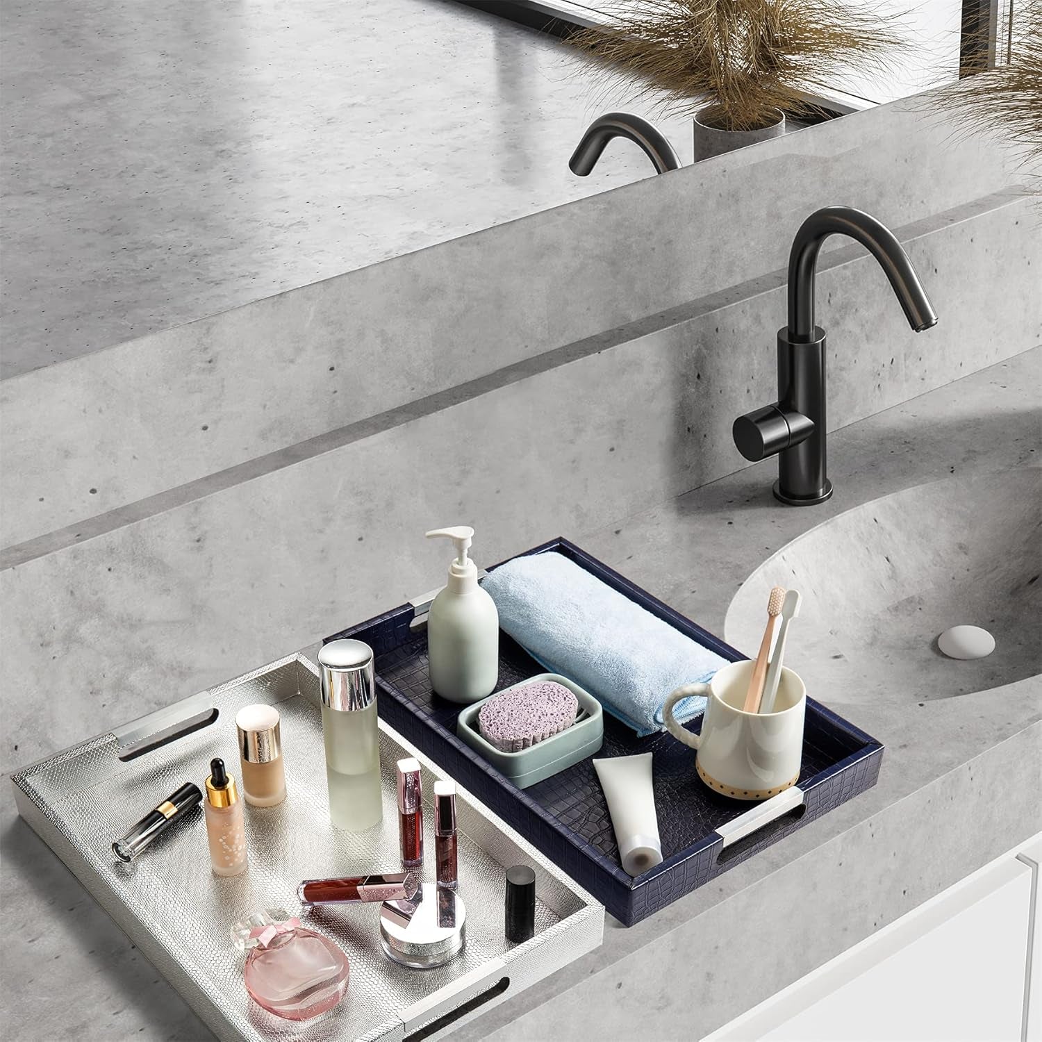 Set of 3 Serving Tray with Metal Handles, Rectangular Decorative Coffee Table Tray, Faux Leather Vanity Perfume Tray, Ottoman Tray for Food, Coffee, Breakfast, Dessert, Jewelry (Silver)