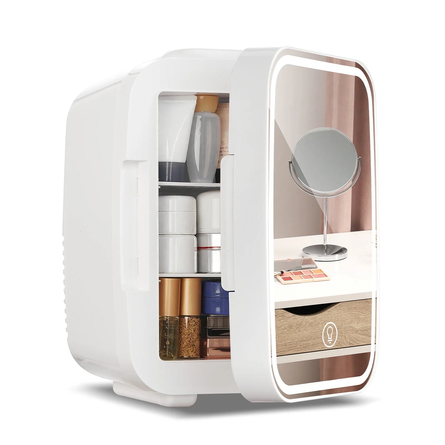 5 L Mini Fridge for Dorm, Small Bedroom Refrigerator Led Mirror Door with 3-Mode, Cooler & Warmer, White