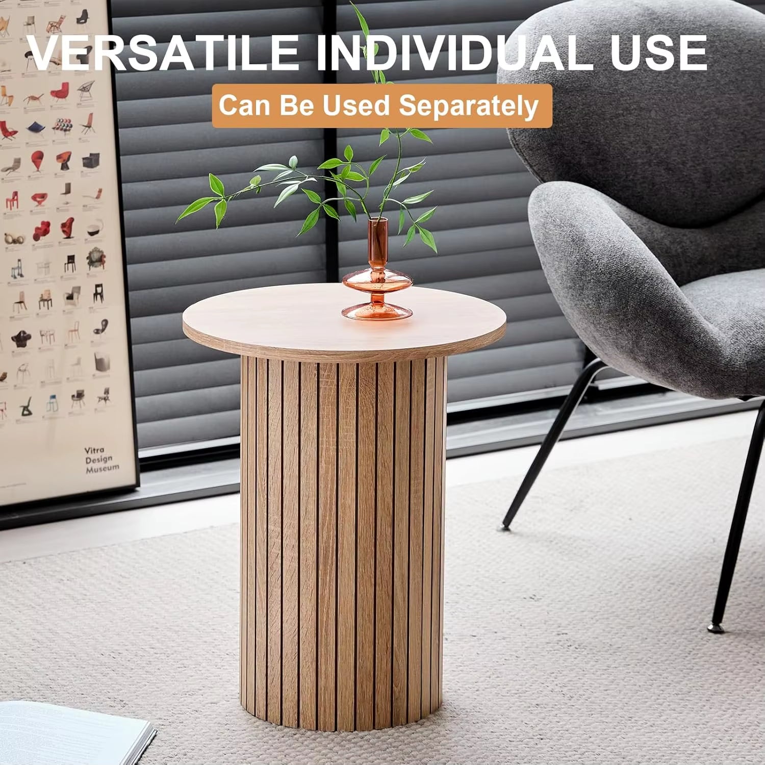 Round Nesting Coffee Tables Set of 2 -Φ27.6 Large Short + Φ15.8 Small Tall Boho Circle Side Tables with Fluted Drum Design