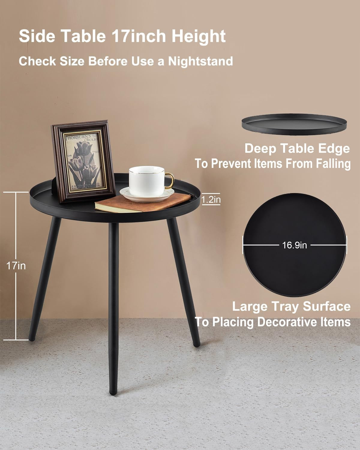 AOJEZOR Side Table: End Table for Indoor Use - Small Side Tables for Small Spaces All Matte Black with 3 Legged
