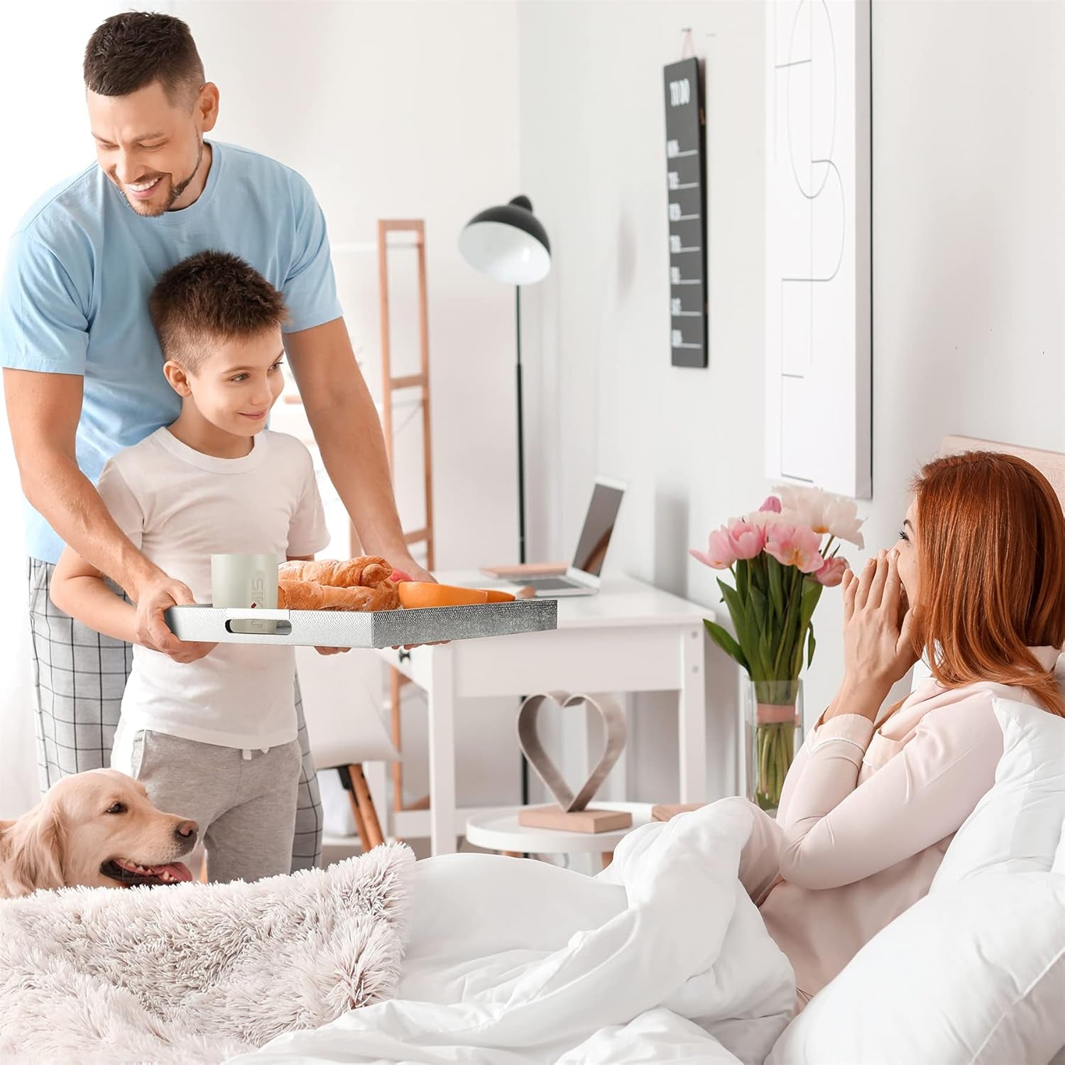 Set of 3 Serving Tray with Metal Handles, Rectangular Decorative Coffee Table Tray, Faux Leather Vanity Perfume Tray, Ottoman Tray for Food, Coffee, Breakfast, Dessert, Jewelry (Silver)