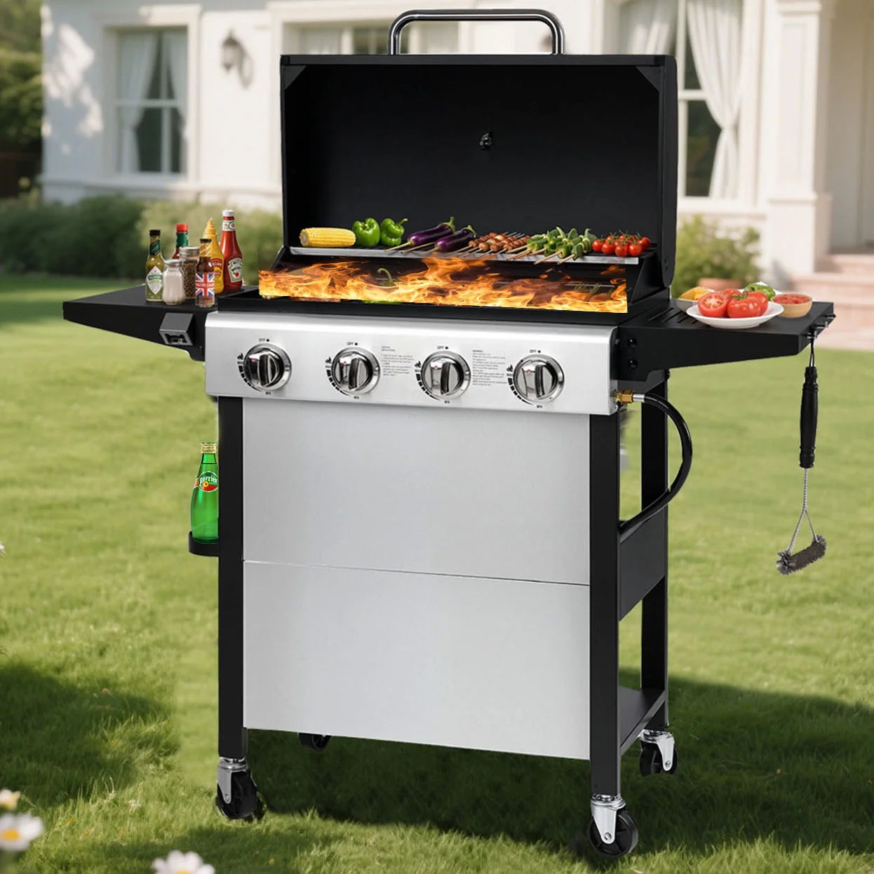 4-Burner Propane Gas Grill with Brush,  40,000BTU Outdoor BBQ Grill, Stainless Steel Camping Stove with Foldable Table, Hanging Basket, Support Legs