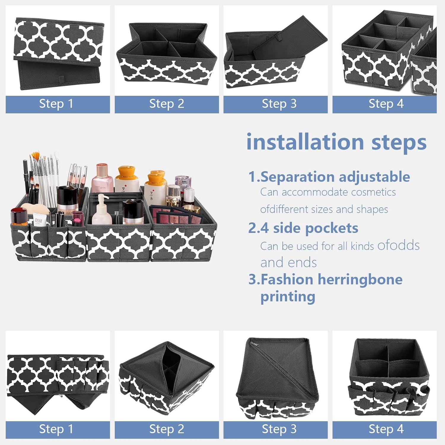 Homyfort Makeup Basket Organizer, Fabric Portable Cosmetic Storage Organizer with Divider, Foldable Small Bins for Organizing Vanity, Bathroom Counter, Office, Set of 3 Grey