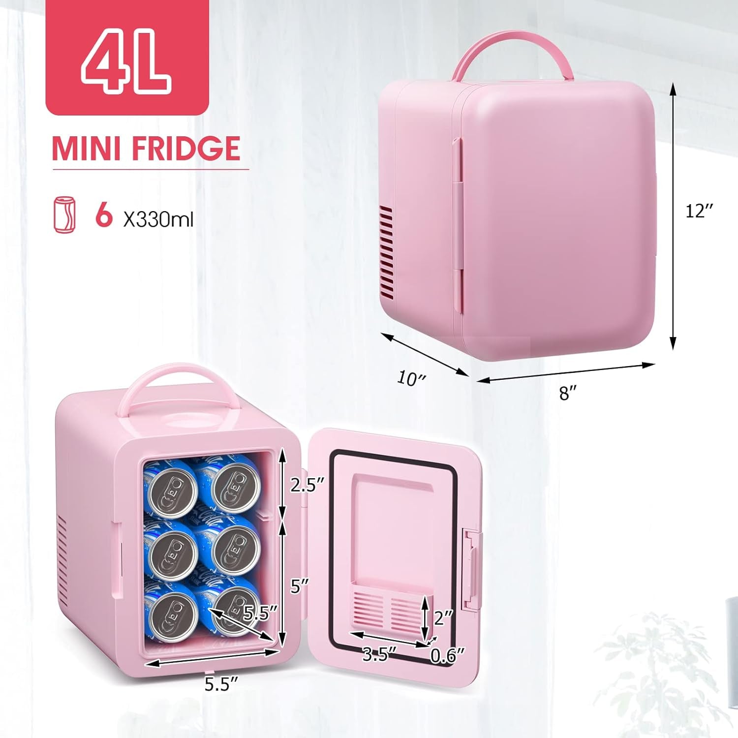 ARLIME Mini Fridge, 4 Liter Skincare Refrigerator, Beauty Small Compact Refrigerator, Portable Beer Fridge, Low Noise Cooler and Warmer with AC/DC Power for Bedroom, Dorm, Cars, Office (Pink)