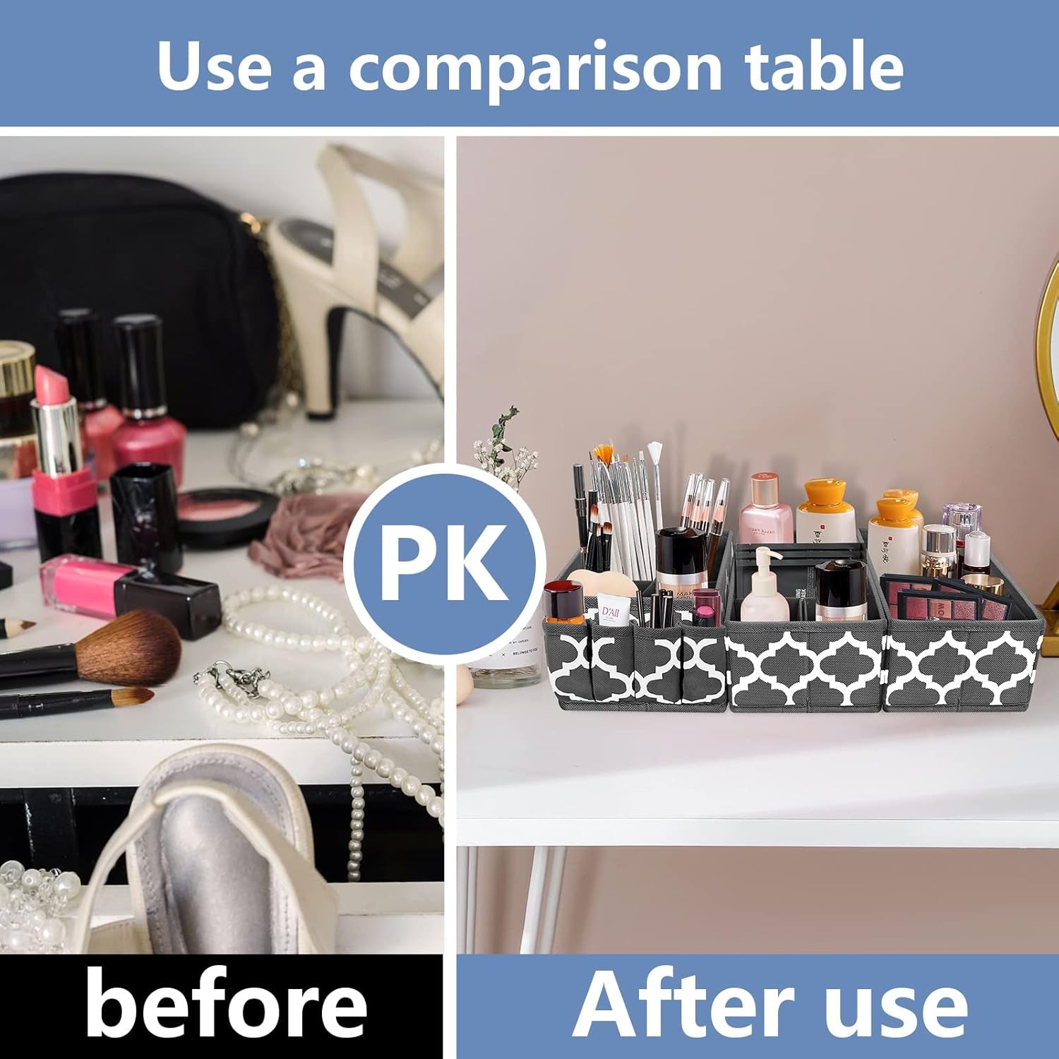 Homyfort Makeup Basket Organizer, Fabric Portable Cosmetic Storage Organizer with Divider, Foldable Small Bins for Organizing Vanity, Bathroom Counter, Office, Set of 3 Grey