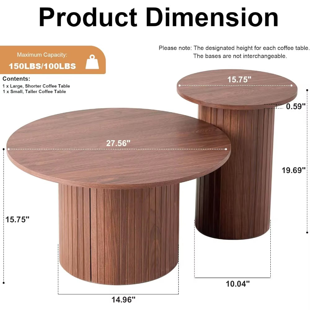 Round Nesting Coffee Tables Set of 2 -Φ27.6 Large Short + Φ15.8 Small Tall Boho Circle Side Tables with Fluted Drum Design