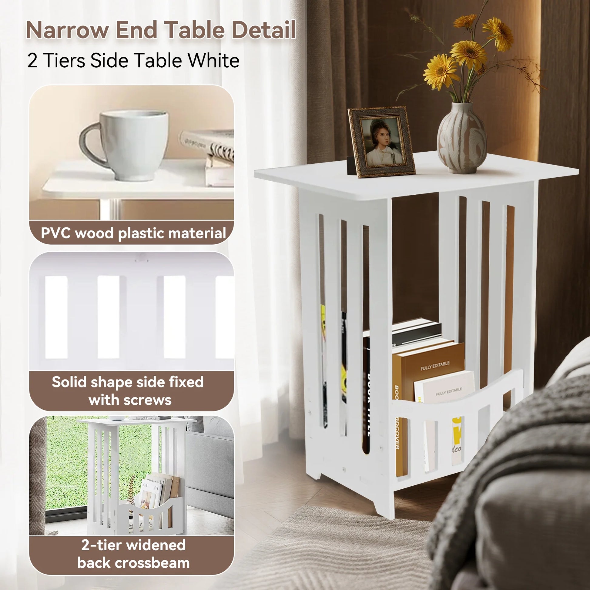 Nightstand Bedside Table, 2-Tier End Tables Small Side Tables for Bedroom Livingroom, White