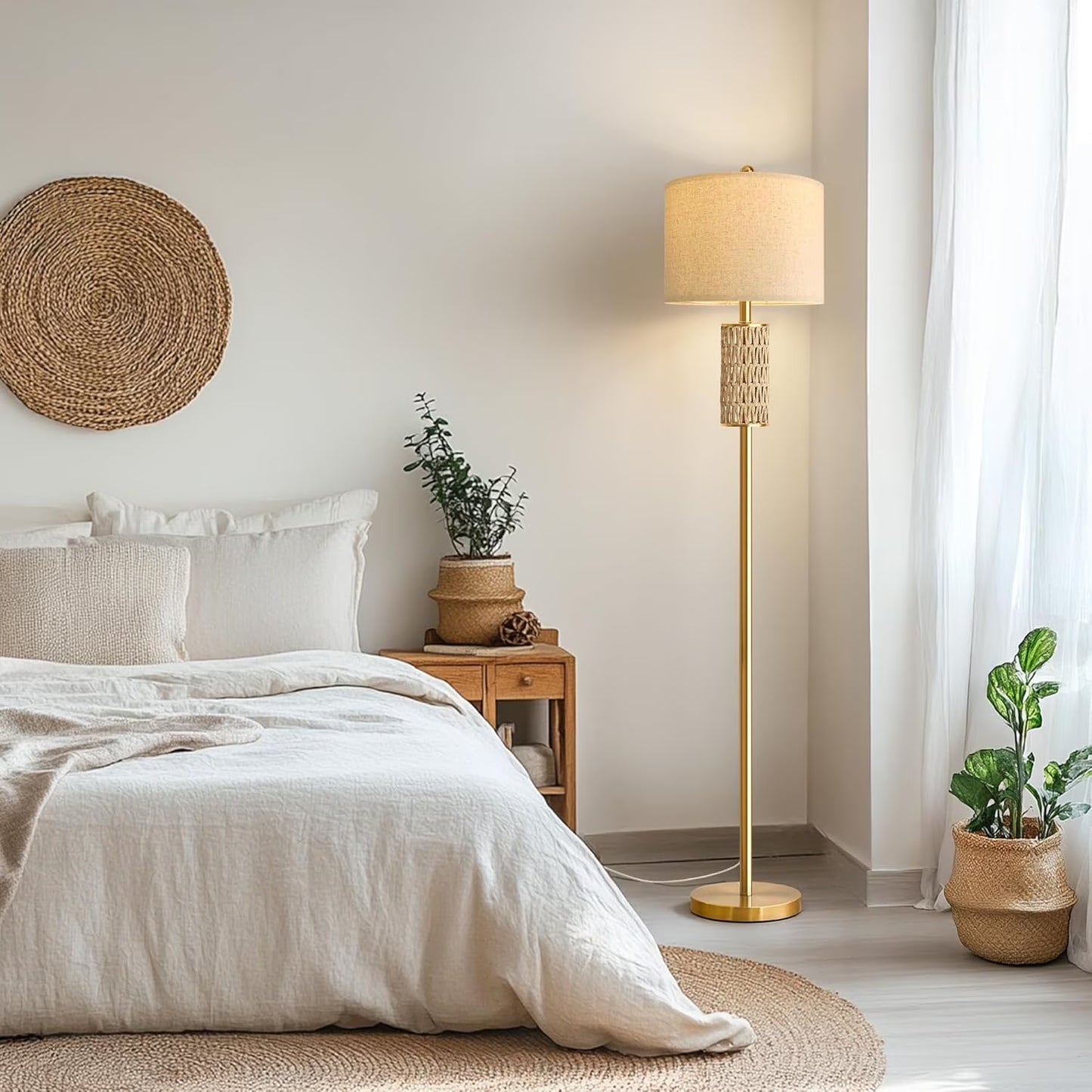 62" Farmhouse Gold Floor Lamp for Living Room with Twine Body,Retro Tall Standing Lamp for Bedroom, Office,Lighting,Decor