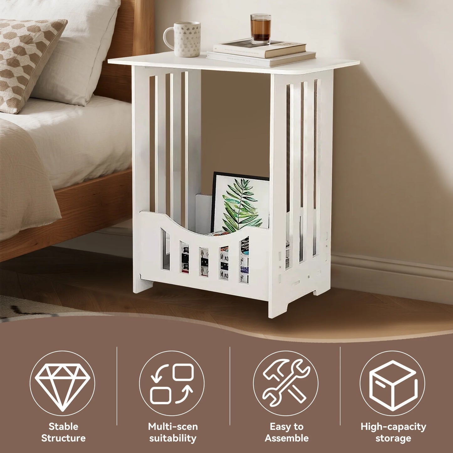 Nightstand Bedside Table, 2-Tier End Tables Small Side Tables for Bedroom Livingroom, White