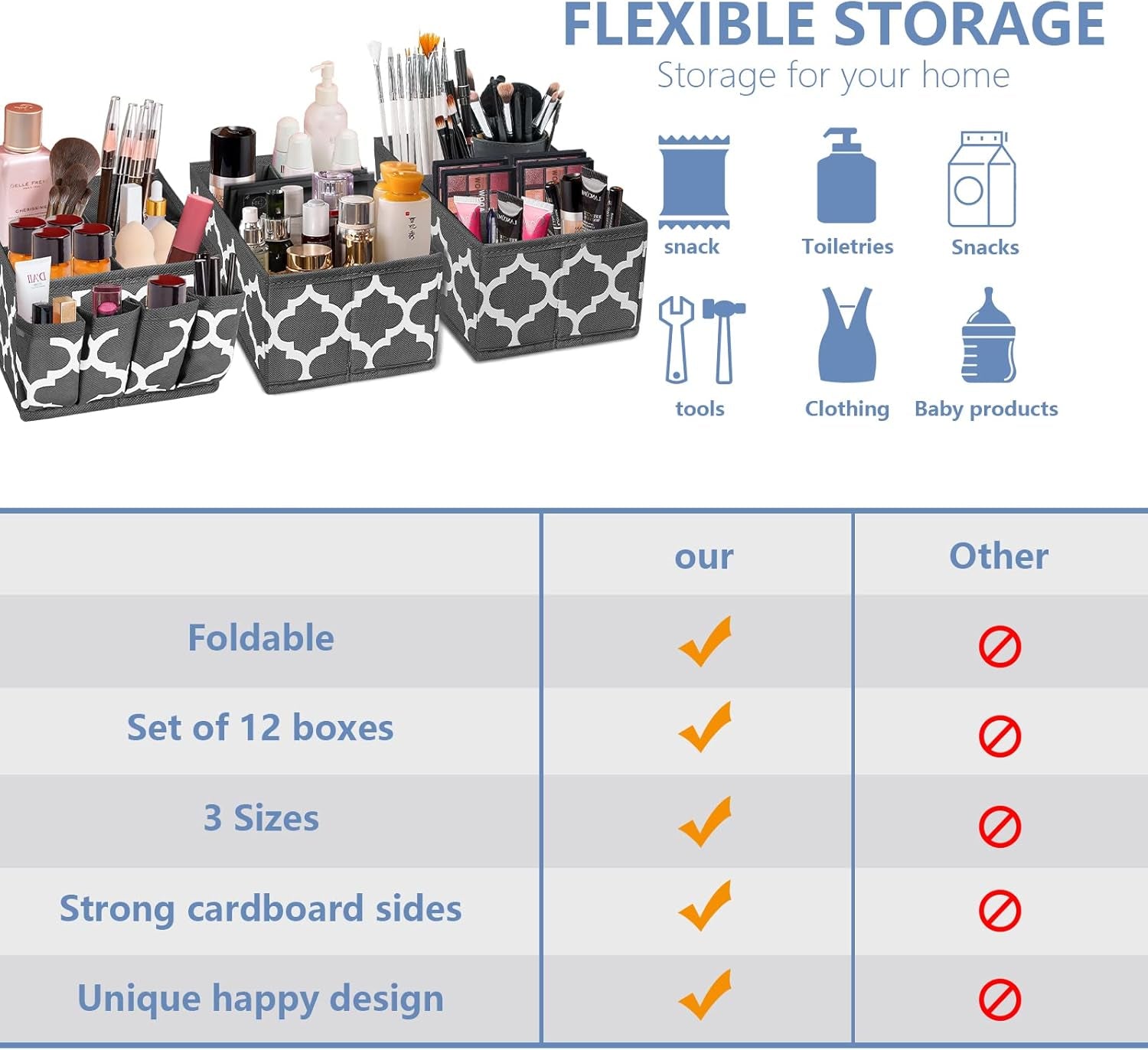 Homyfort Makeup Basket Organizer, Fabric Portable Cosmetic Storage Organizer with Divider, Foldable Small Bins for Organizing Vanity, Bathroom Counter, Office, Set of 3 Grey