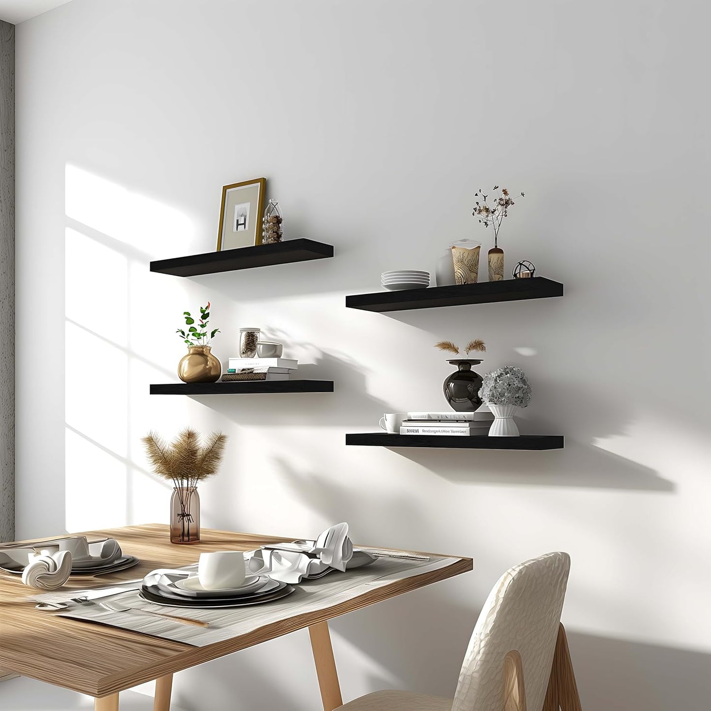 Black Wood Floating Shelves for Wall Rustic Wall Shelves for Bedroom Set of 6