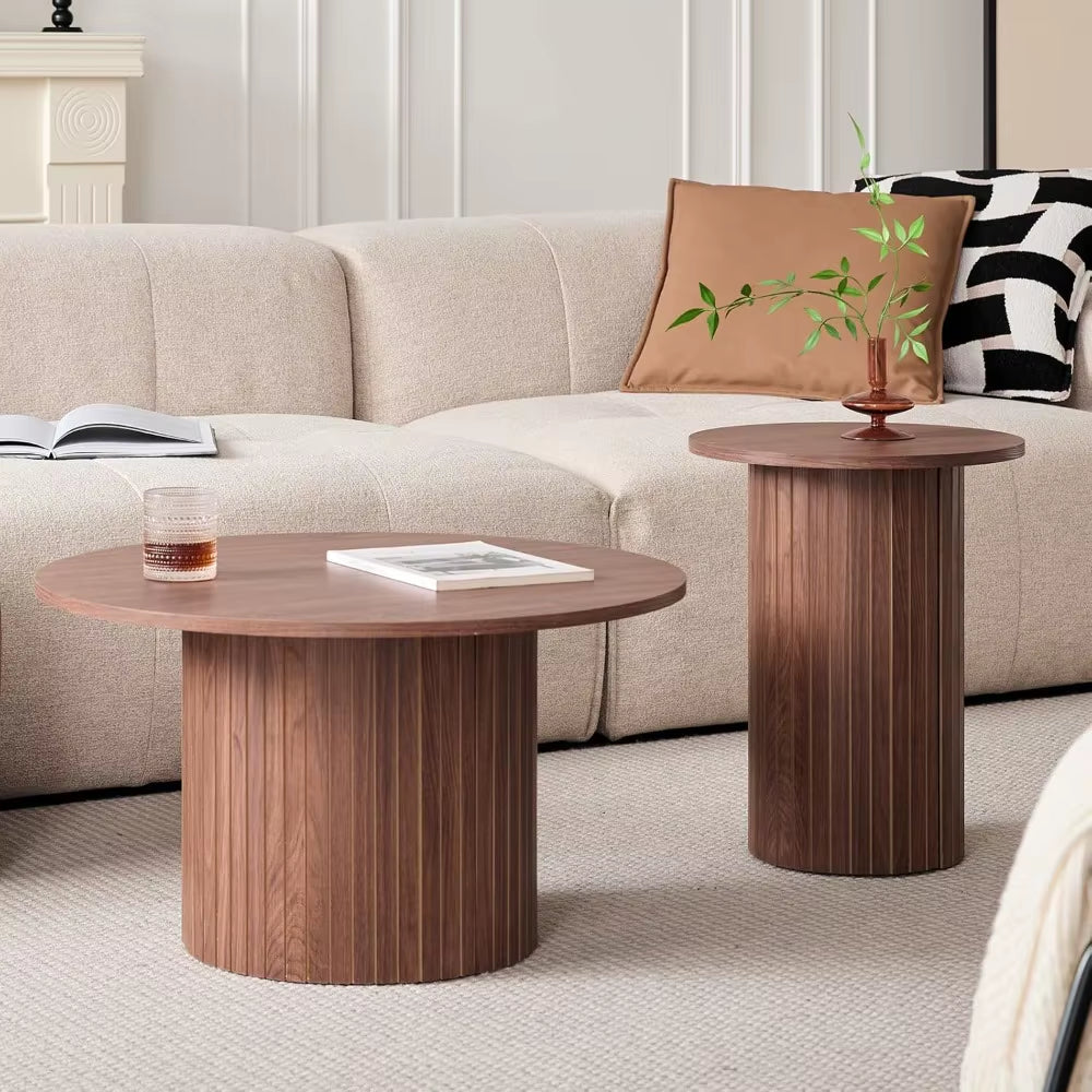 Round Nesting Coffee Tables Set of 2 -Φ27.6 Large Short + Φ15.8 Small Tall Boho Circle Side Tables with Fluted Drum Design