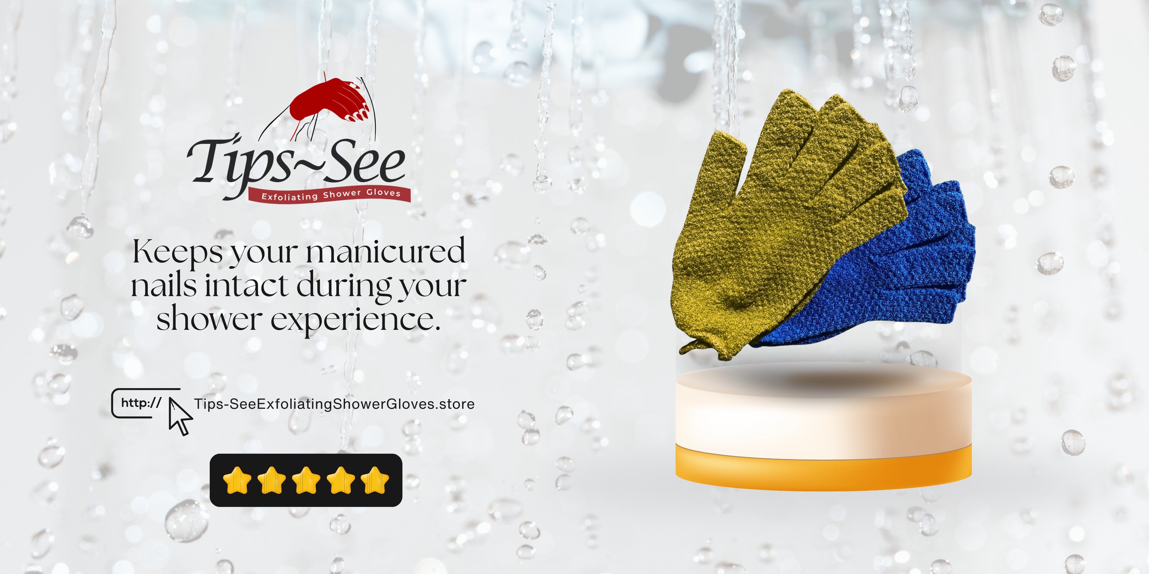 Tips~See folding shower gloves with a white background and water droplets.