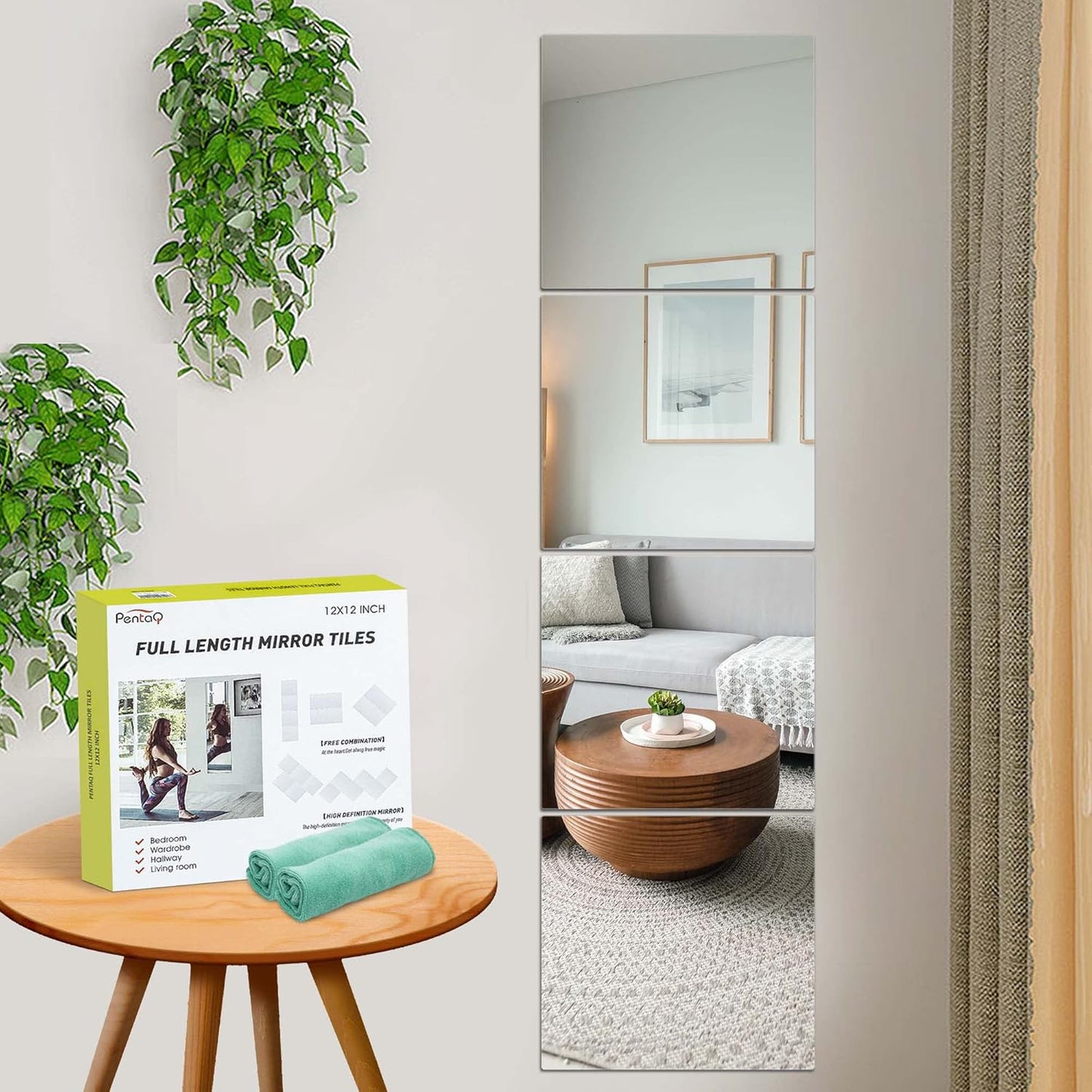 Glass Full Length Mirror Tiles, 4 PCS 12X12 Inches, High Definition Wall Mirrors, Frameless Mirror Tiles, Wall-Mounted Mirrors for Living Room, Bedroom, Bathroom, Home Gym