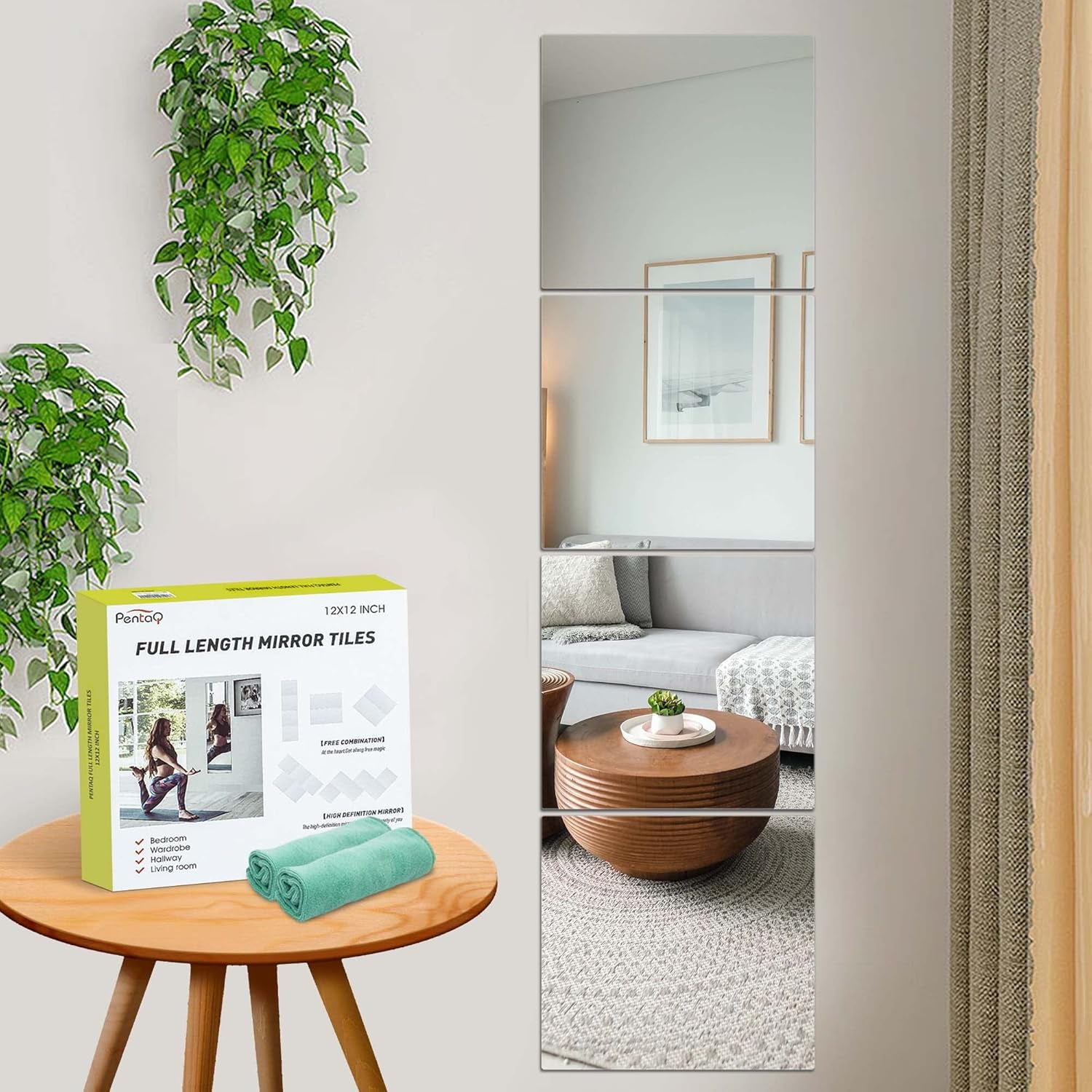 Glass Full Length Mirror Tiles, 4 PCS 12X12 Inches, High Definition Wall Mirrors, Frameless Mirror Tiles, Wall-Mounted Mirrors for Living Room, Bedroom, Bathroom, Home Gym