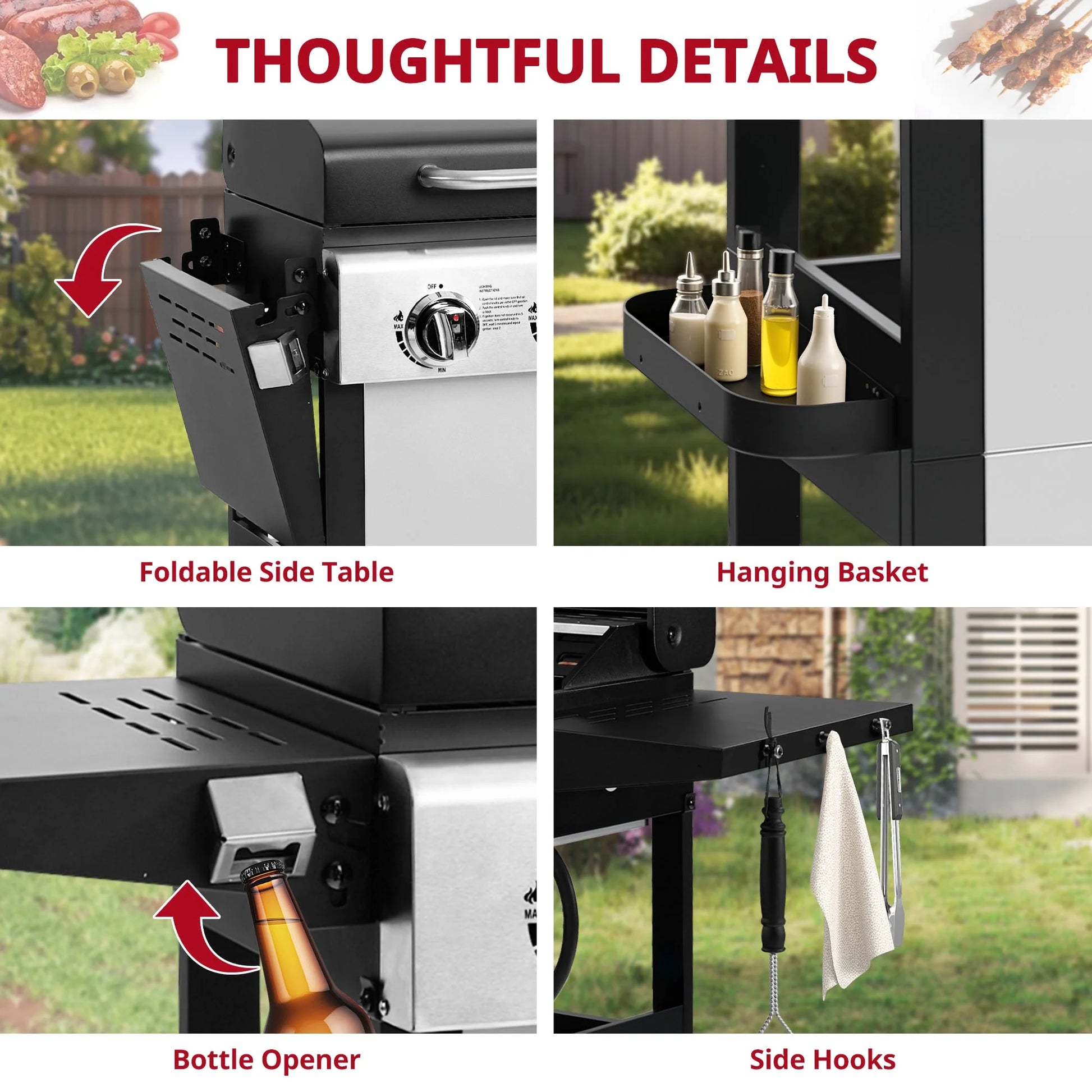 4-Burner Propane Gas Grill with Brush,  40,000BTU Outdoor BBQ Grill, Stainless Steel Camping Stove with Foldable Table, Hanging Basket, Support Legs