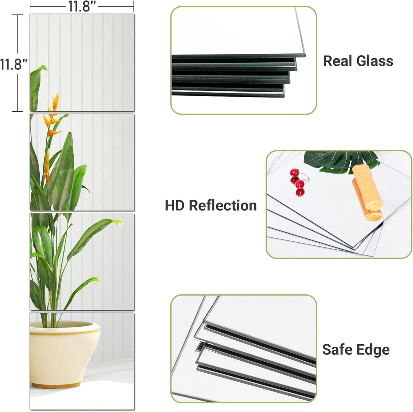 Glass Full Length Mirror Tiles, 4 PCS 12X12 Inches, High Definition Wall Mirrors, Frameless Mirror Tiles, Wall-Mounted Mirrors for Living Room, Bedroom, Bathroom, Home Gym