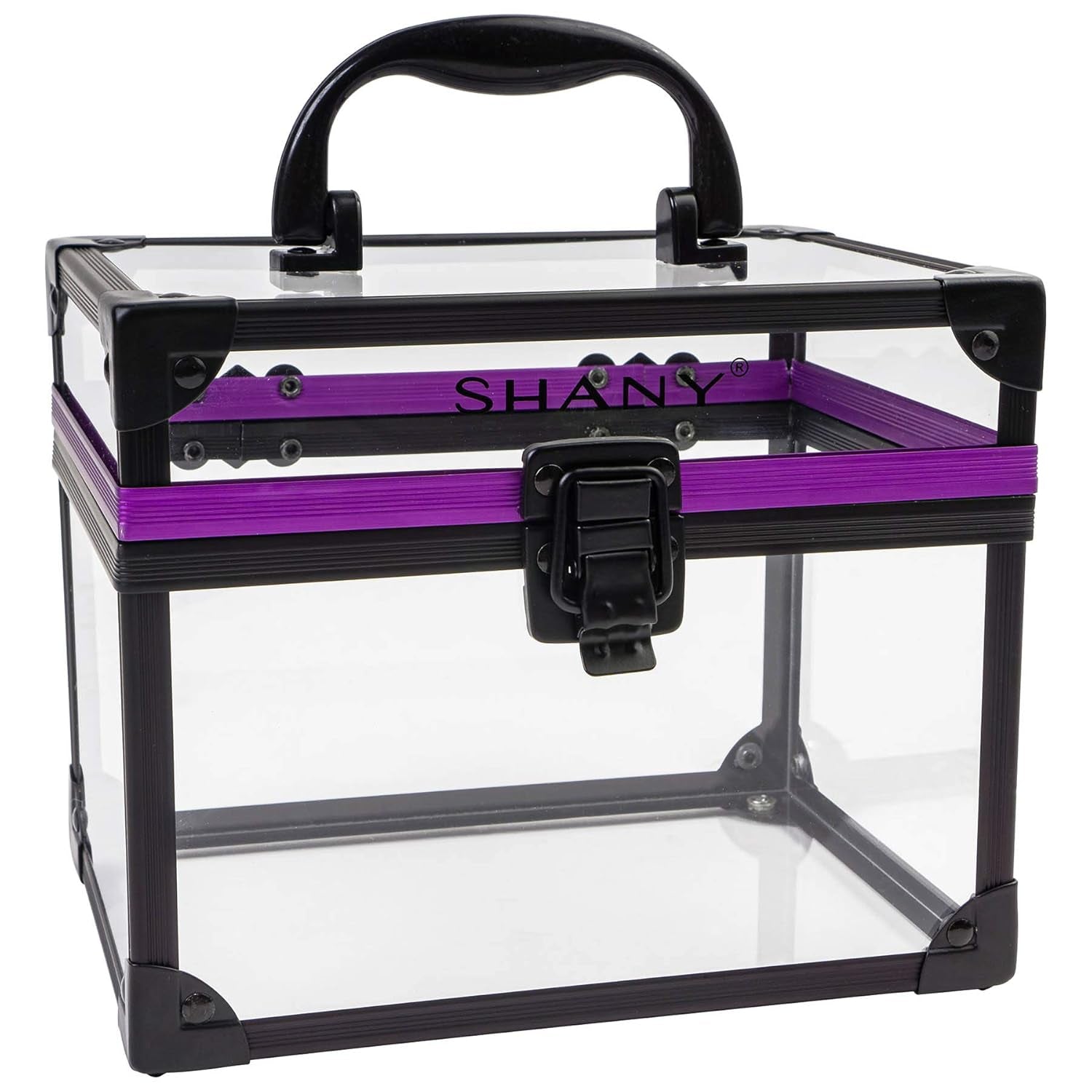 SHANY Clear Cosmetics and Toiletry Train Case - Clear Travel Makeup Bag Case Organizer with Secure Closure and Black/Purple Accents - Large