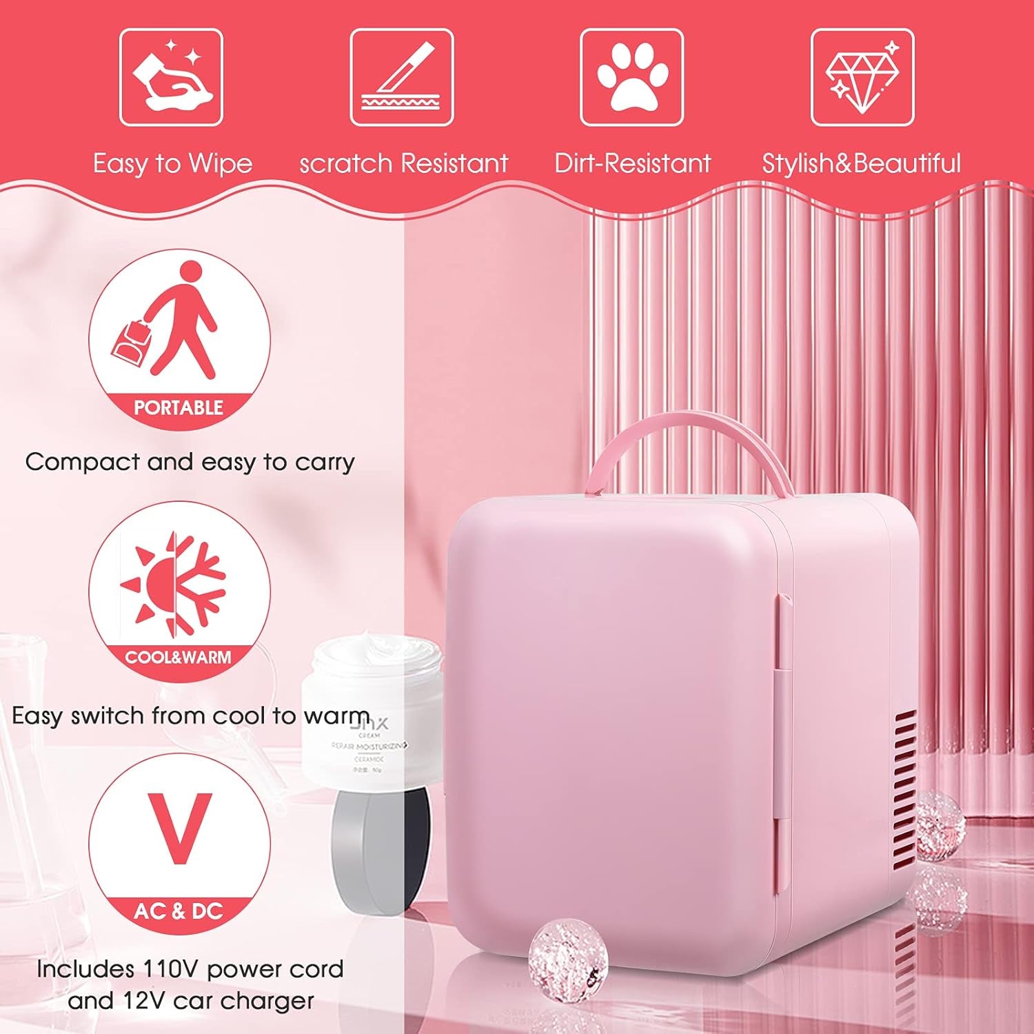 ARLIME Mini Fridge, 4 Liter Skincare Refrigerator, Beauty Small Compact Refrigerator, Portable Beer Fridge, Low Noise Cooler and Warmer with AC/DC Power for Bedroom, Dorm, Cars, Office (Pink)