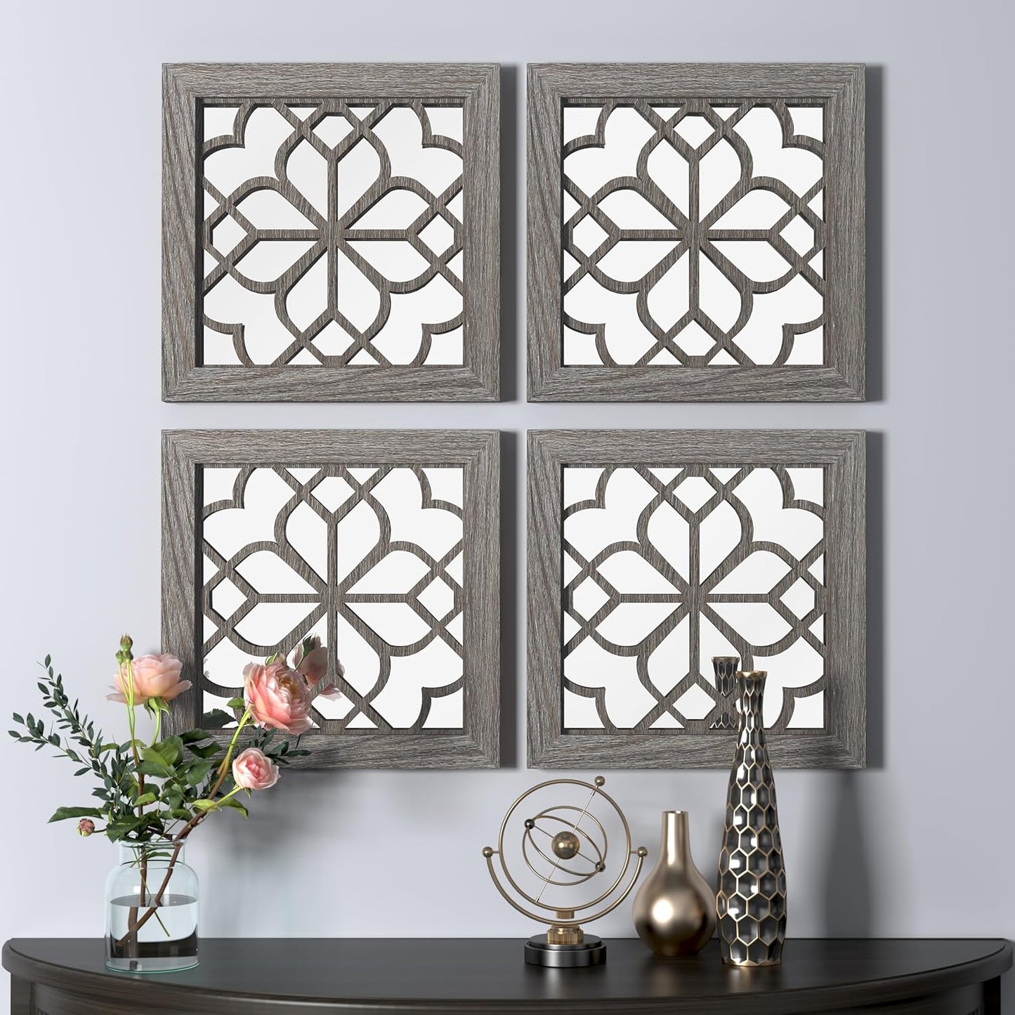 2 PCS Square Rustic Wall Mirror, Farmhouse Wall Mirrors Decorative Brown Wall Mirror for Bedroom Entry Living Room Dining Room (12”X12”)