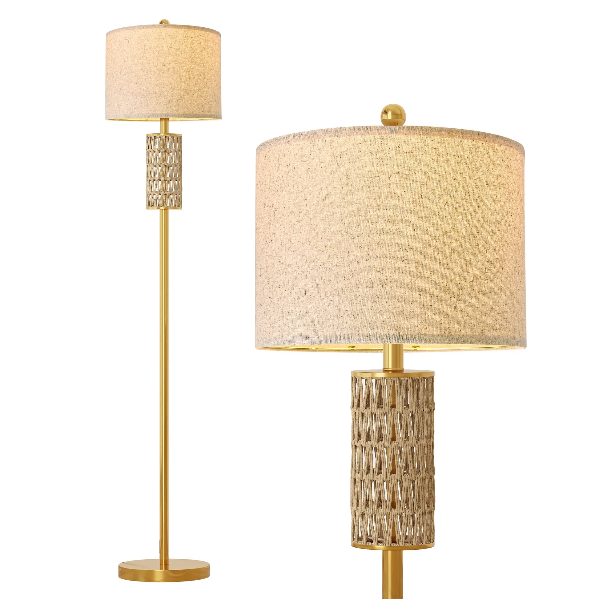 62" Farmhouse Gold Floor Lamp for Living Room with Twine Body,Retro Tall Standing Lamp for Bedroom, Office,Lighting,Decor