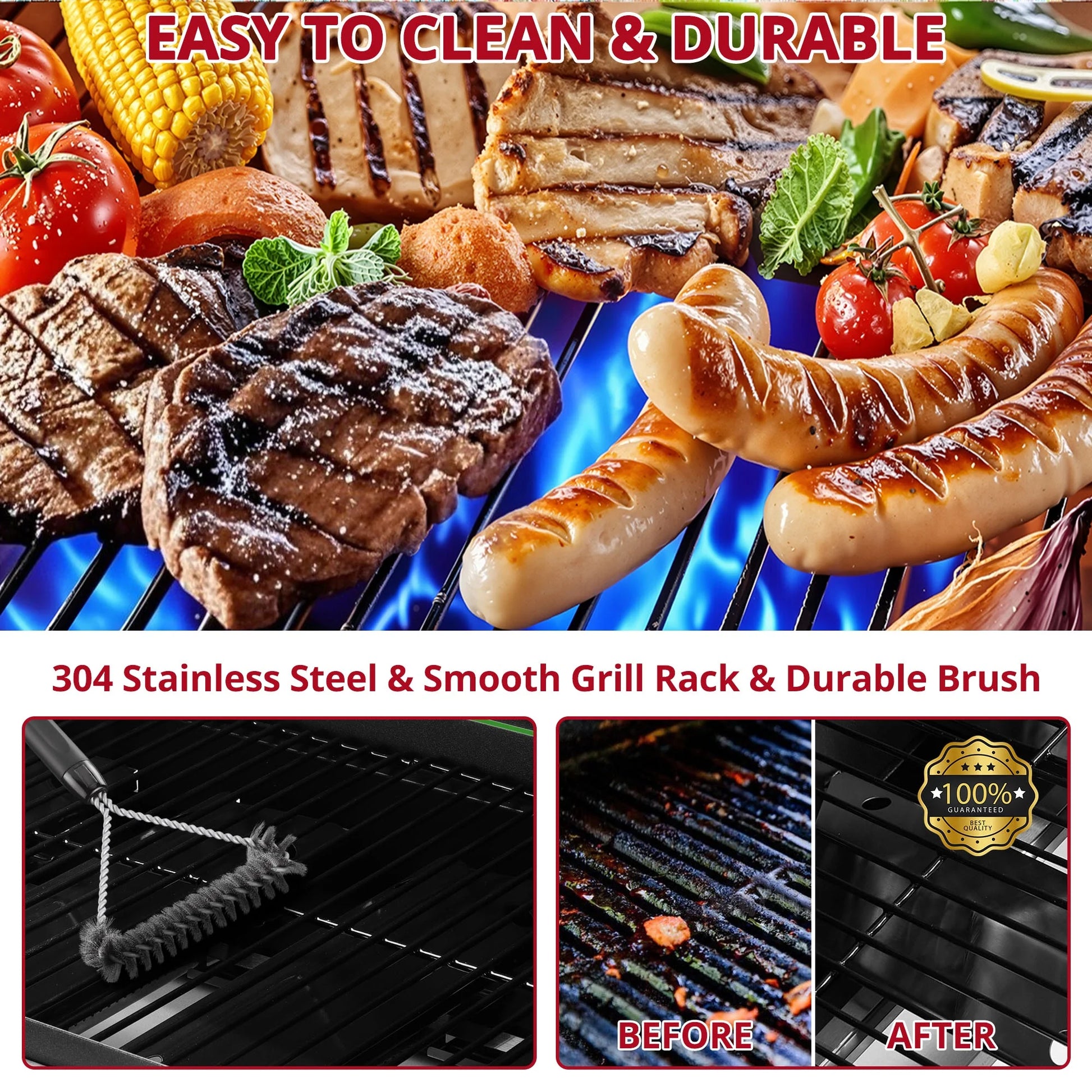 4-Burner Propane Gas Grill with Brush,  40,000BTU Outdoor BBQ Grill, Stainless Steel Camping Stove with Foldable Table, Hanging Basket, Support Legs