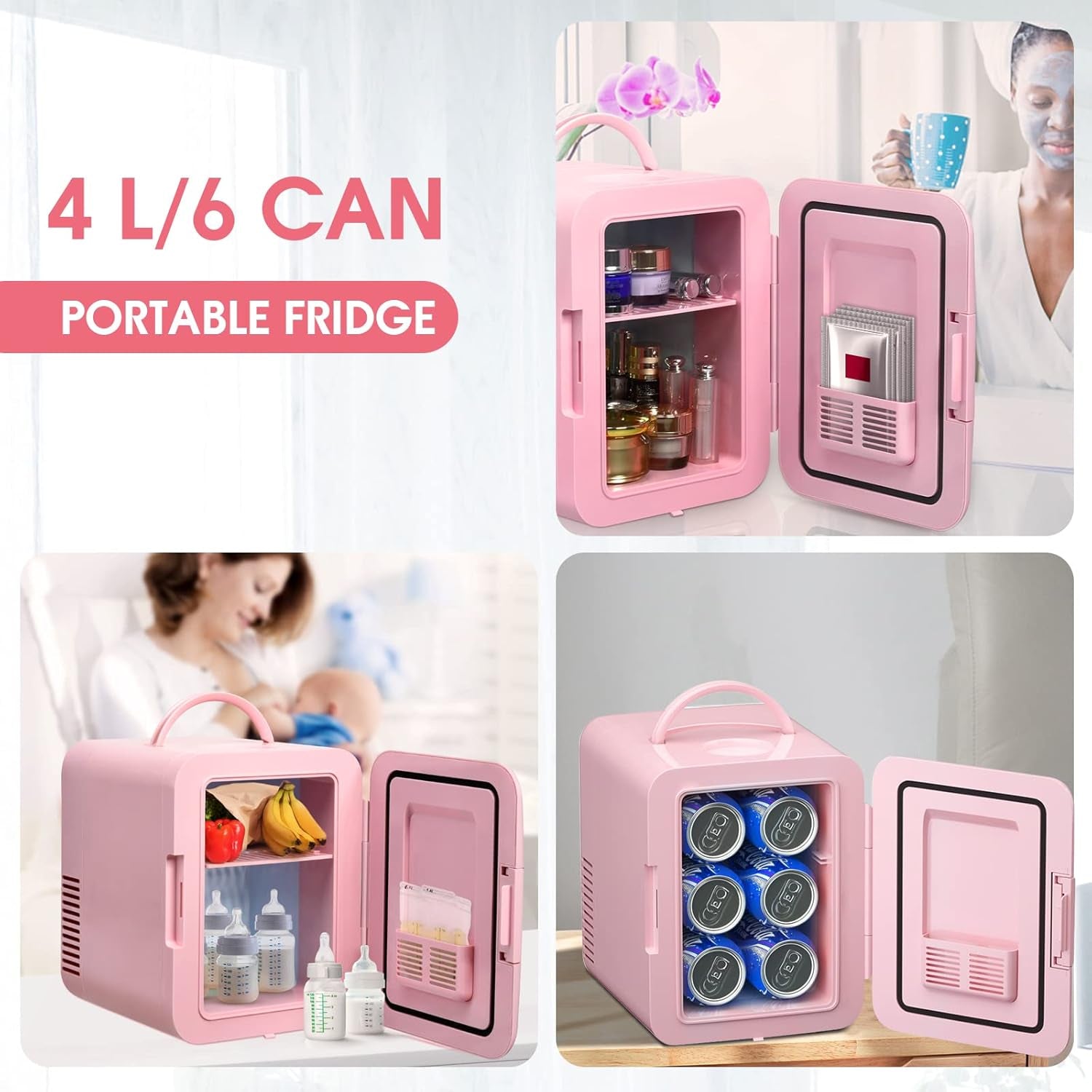 ARLIME Mini Fridge, 4 Liter Skincare Refrigerator, Beauty Small Compact Refrigerator, Portable Beer Fridge, Low Noise Cooler and Warmer with AC/DC Power for Bedroom, Dorm, Cars, Office (Pink)